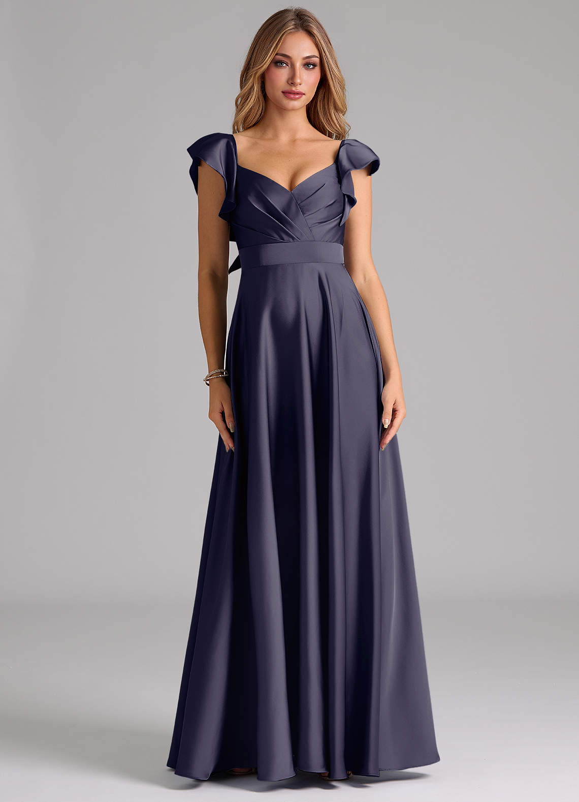 Azazie Leilani Bridesmaid Dresses Stormy A-Line Ruched Stretch Satin Dress image2