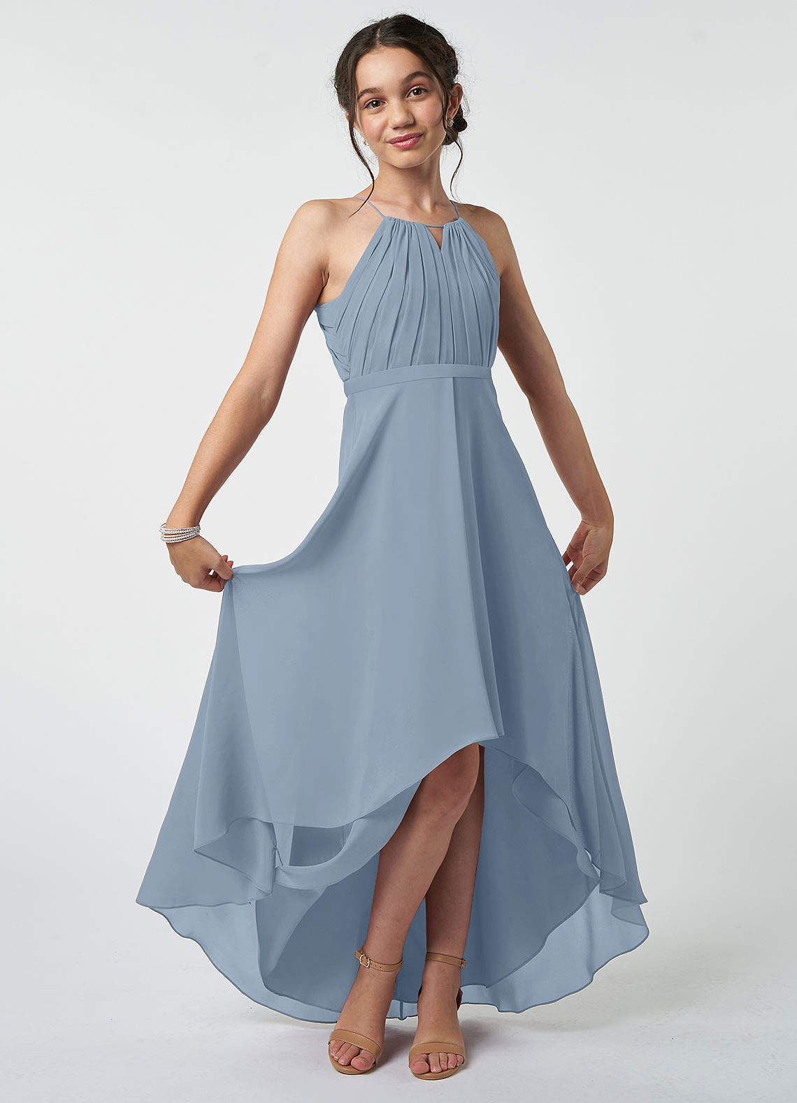 Azazie Oaklynn Junior Dusty Blue A-Line Pleated Chiffon Dress image1