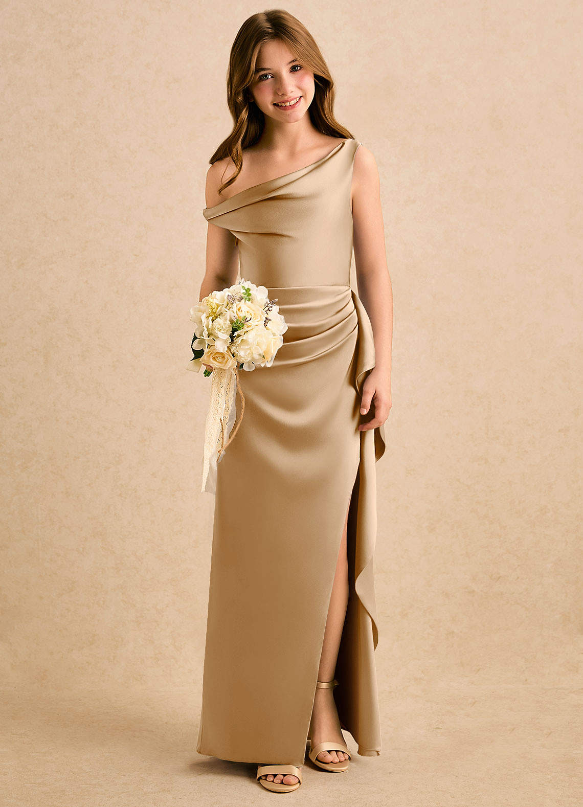 Azazie Avalia Girls Formal Finale sale Kolom Jurk van Stretch Satijn Off the Shoulder Goud image4