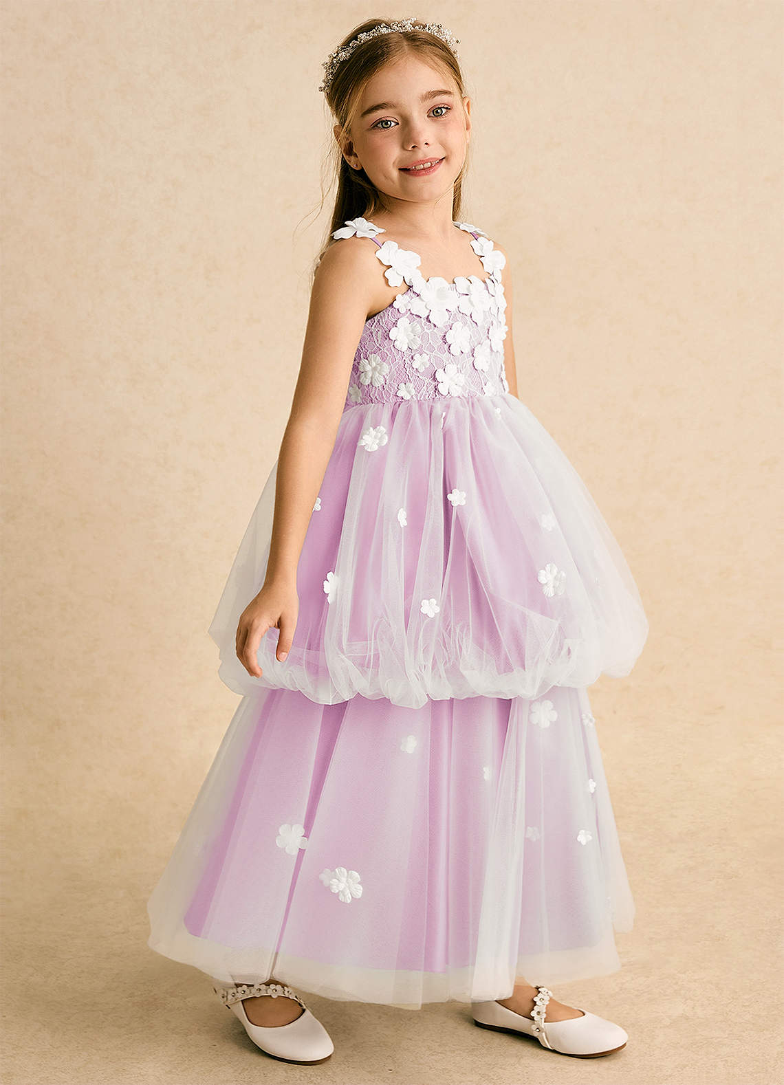 Azazie Teacup vestidos de niña de las flores Vestido de Marfil Rosa Caramelo de Tul de Princesa con Encaje image1
