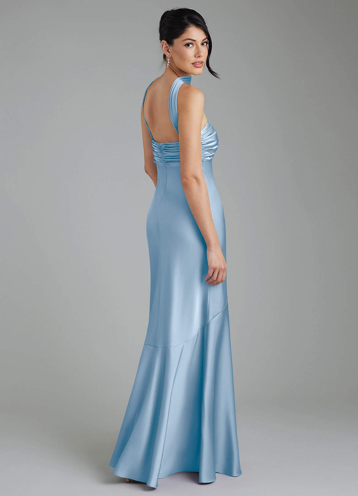dusty blue and sage green bridesmaid dresses Azazie Marryn Ready to Ship Stretch Satin different shades of sage green bridesmaid dresses