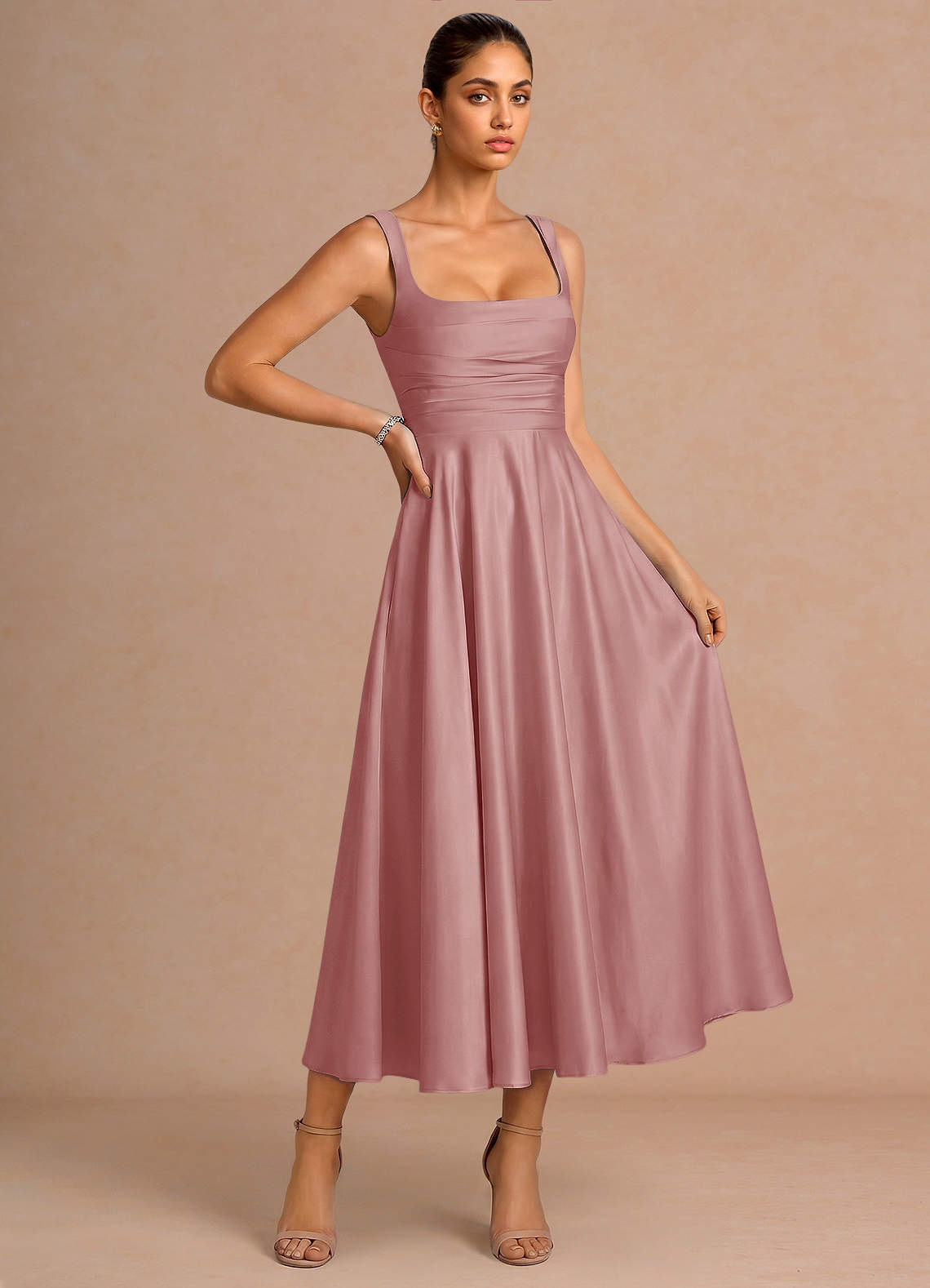 light pink formal midi dress Elise | Light PINK Plunge-Neck Midi Dress With Drop-Waist