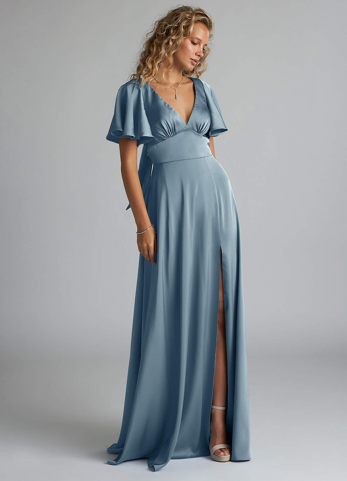 Azazie Kimber Bridesmaid Dresses Dusty Blue A-Line Ruched Stretch Satin Dress image3