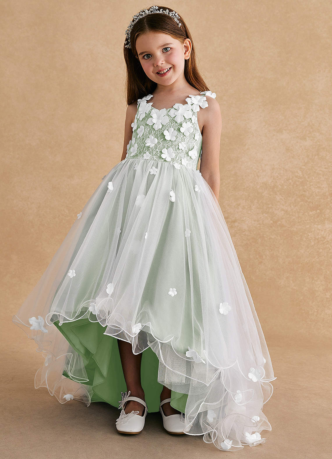 Azazie Celia Flower Girl Dresses Dusty Sage A-Line Lace Tulle Dress image4