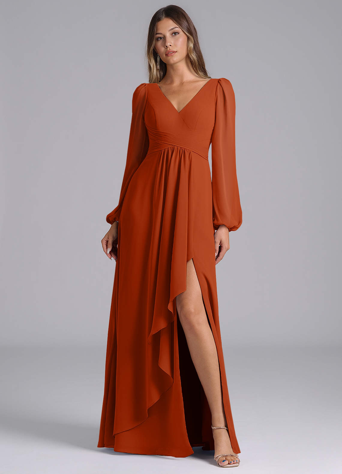 Azazie Omari Bridesmaid Dresses Burnt Orange A-Line Long Sleeve Chiffon Dress image1