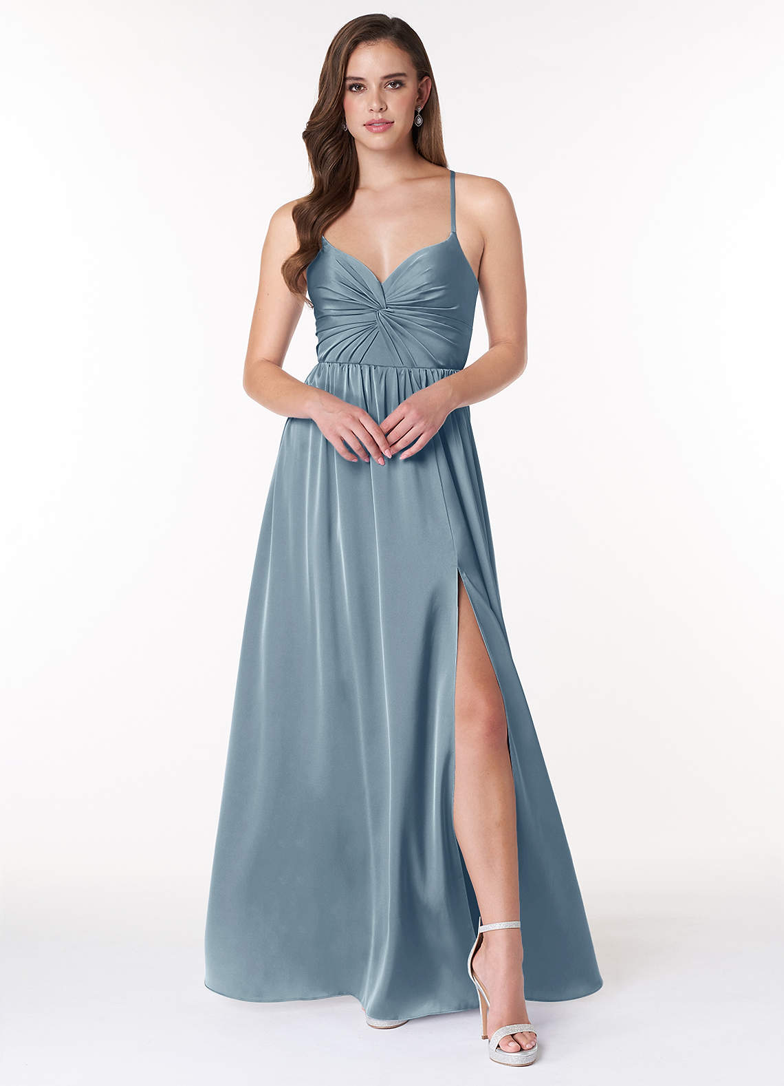 Azazie Raya Bridesmaid Dresses Dusty Blue A-Line V-Neck Pleated Stretch Satin Dress image1