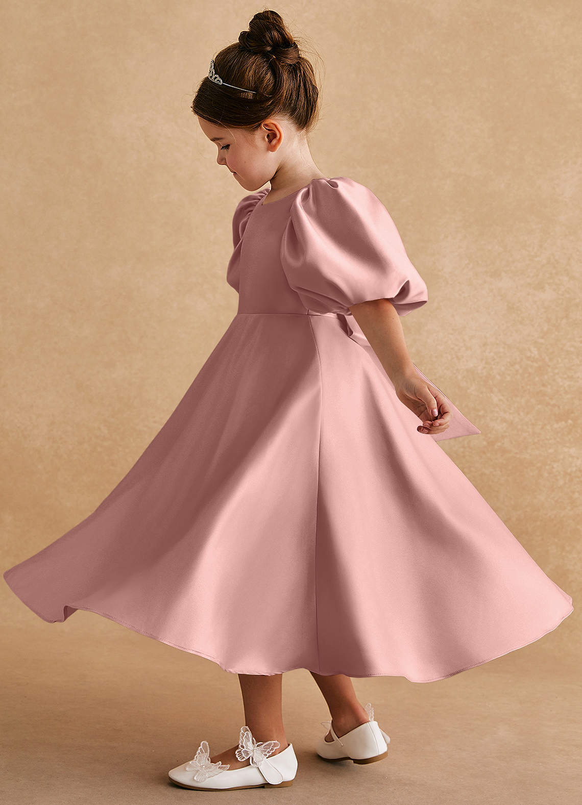 Azazie Sugarplum Flower Girl Dresses Rose Gold A-Line with Sleeves Matte Satin Dress image1