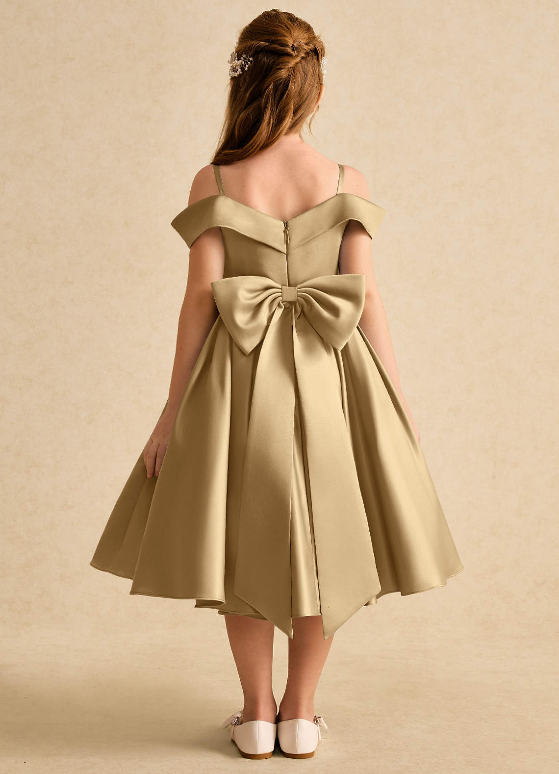 Azazie Favia Flower Girl Dresses Gold A-Line Off the Shoulder Matte Satin Dress image1