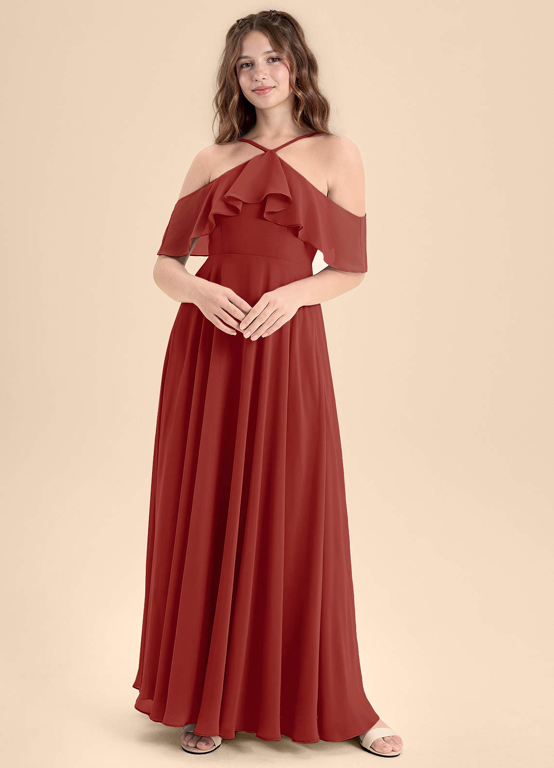 Azazie Tessabelle Junior Terracotta A-Line Off the Shoulder Chiffon Dress image1
