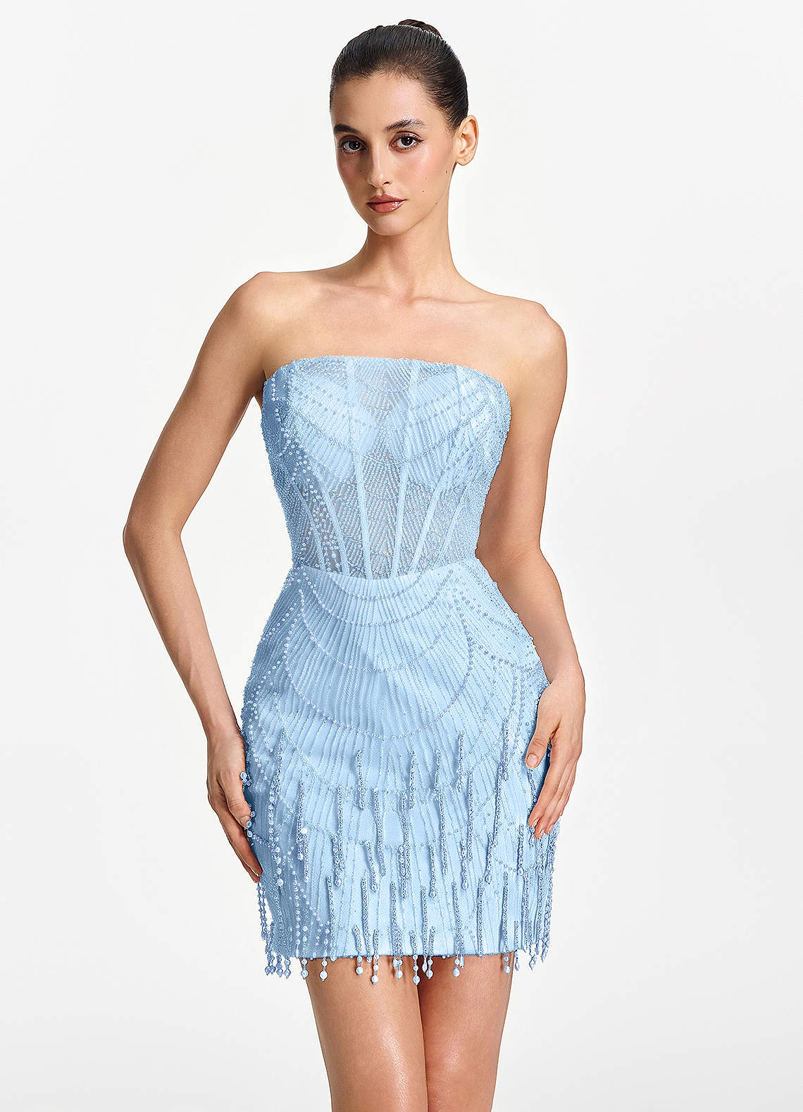 Malvina Powder Blue Strapless Mesh Corset Pearl Fringe Mini Dress