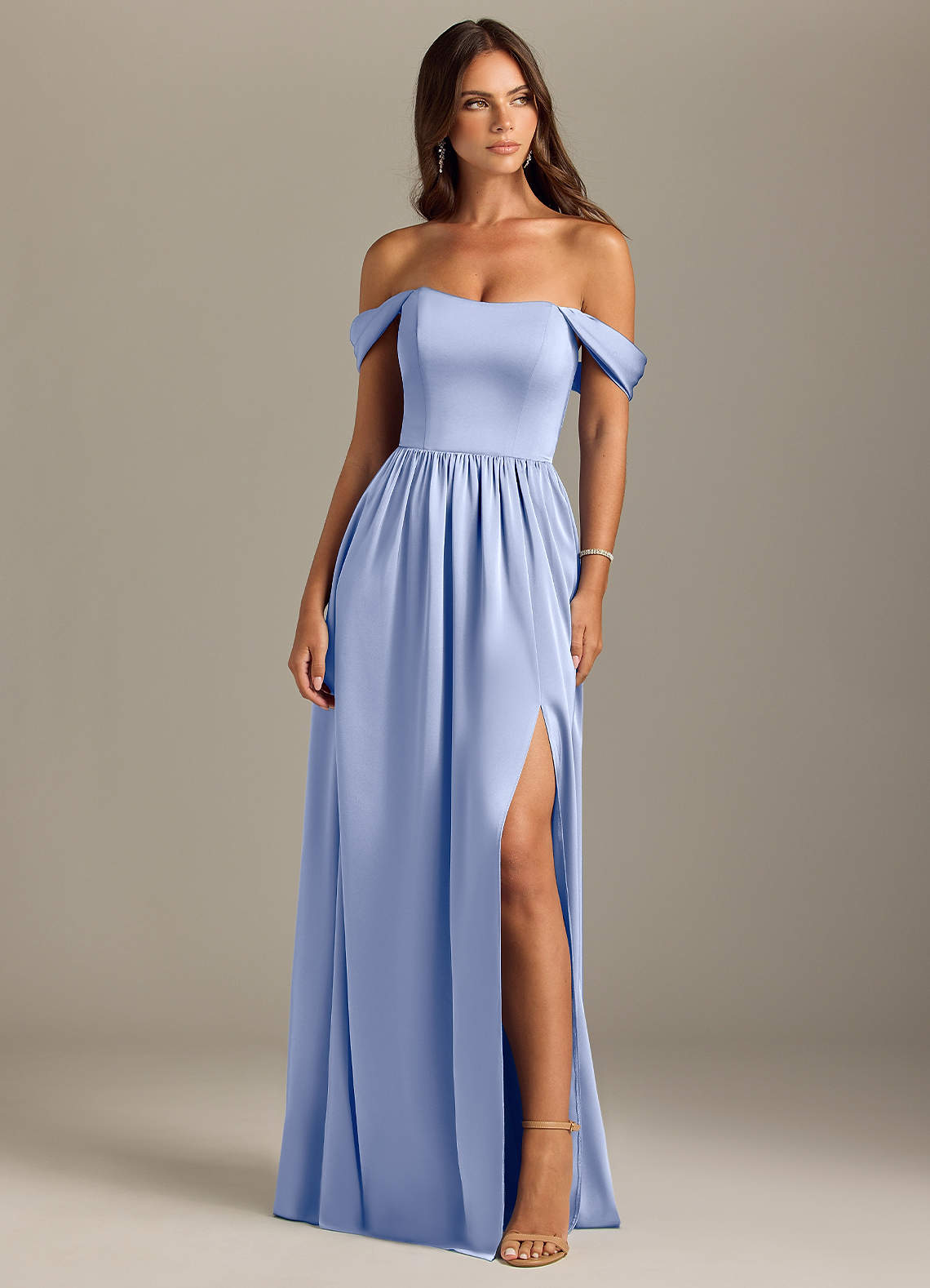 Azazie Calianna Bridesmaid Dresses Ice A-Line Off the Shoulder Stretch Satin Convertible Dress image1