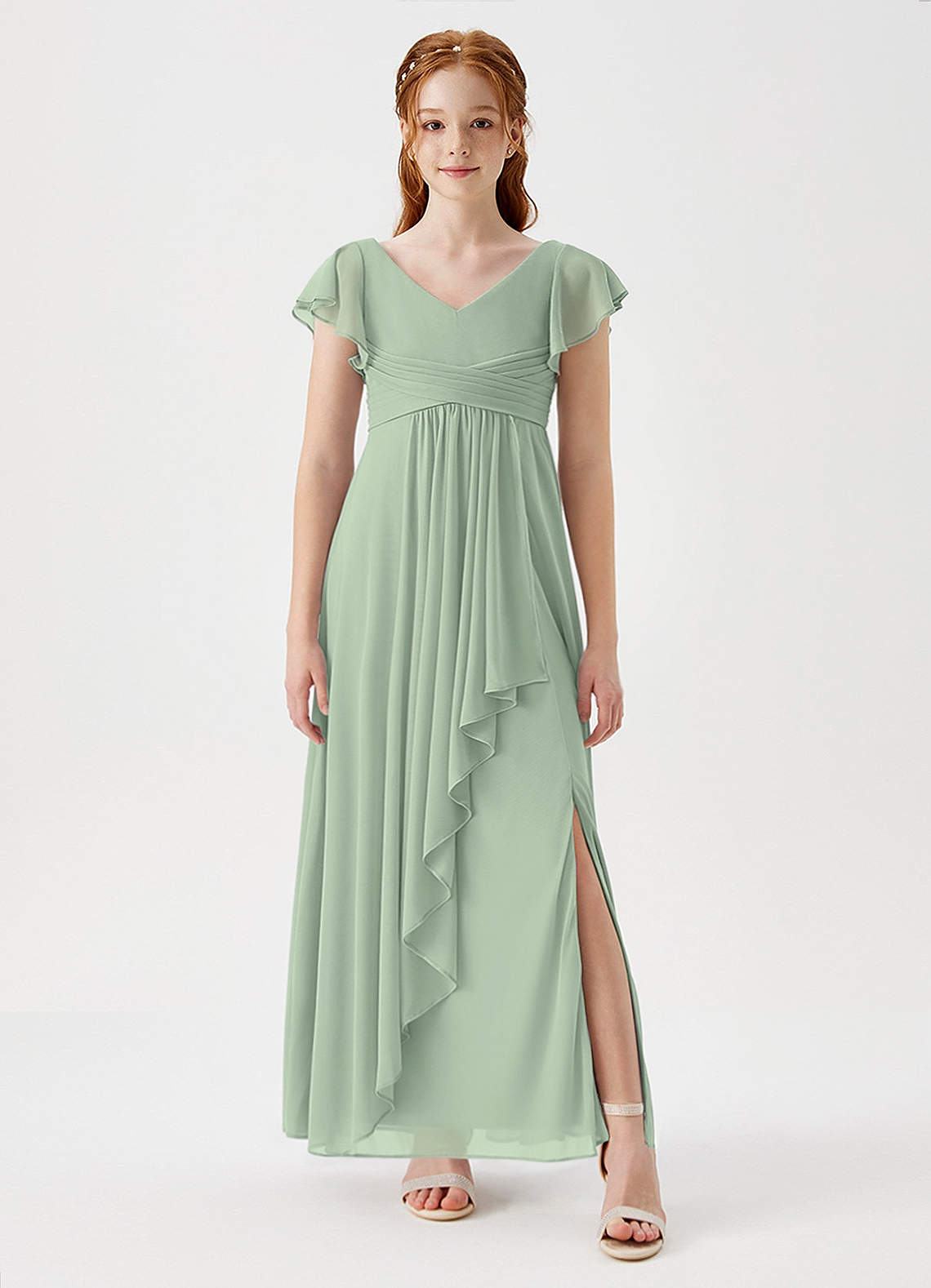 Azazie Omari Junior Vestido de Salvia Polvorienta de Malla de Corte En A con Plisado image1