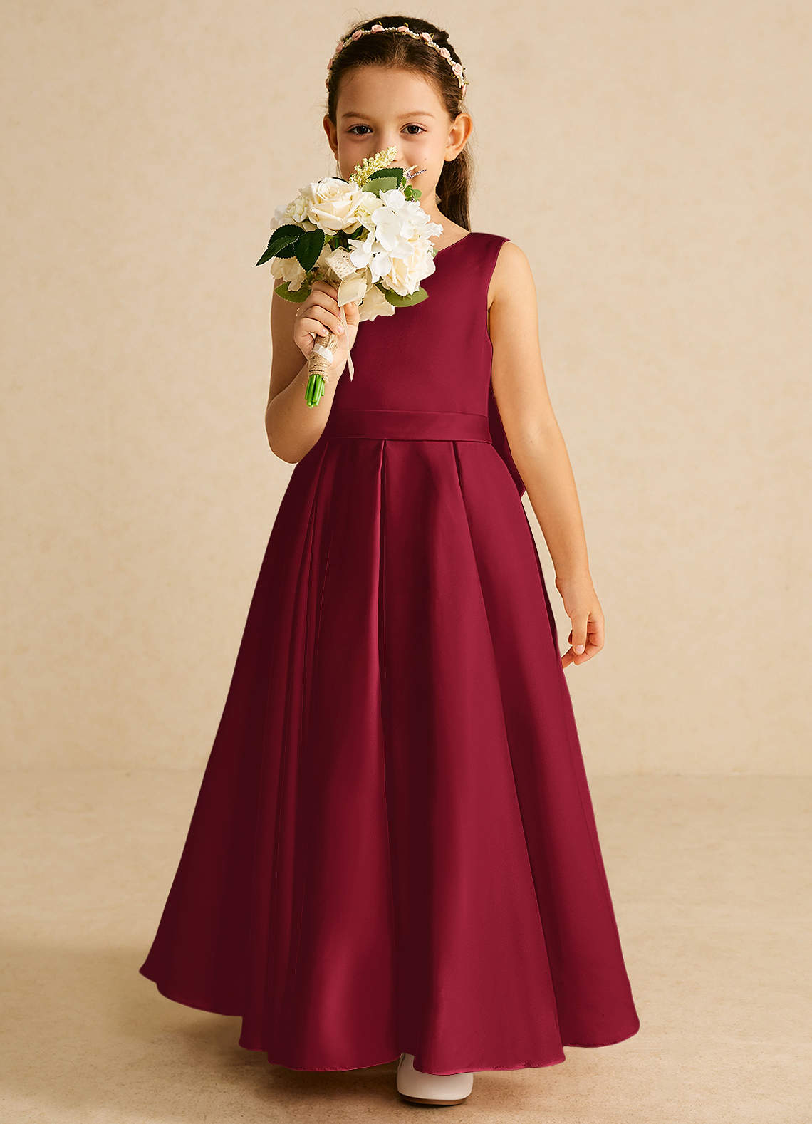 Azazie Pipsy Flower Girl Dresses Burgundy A-Line Bow Matte Satin Dress image4