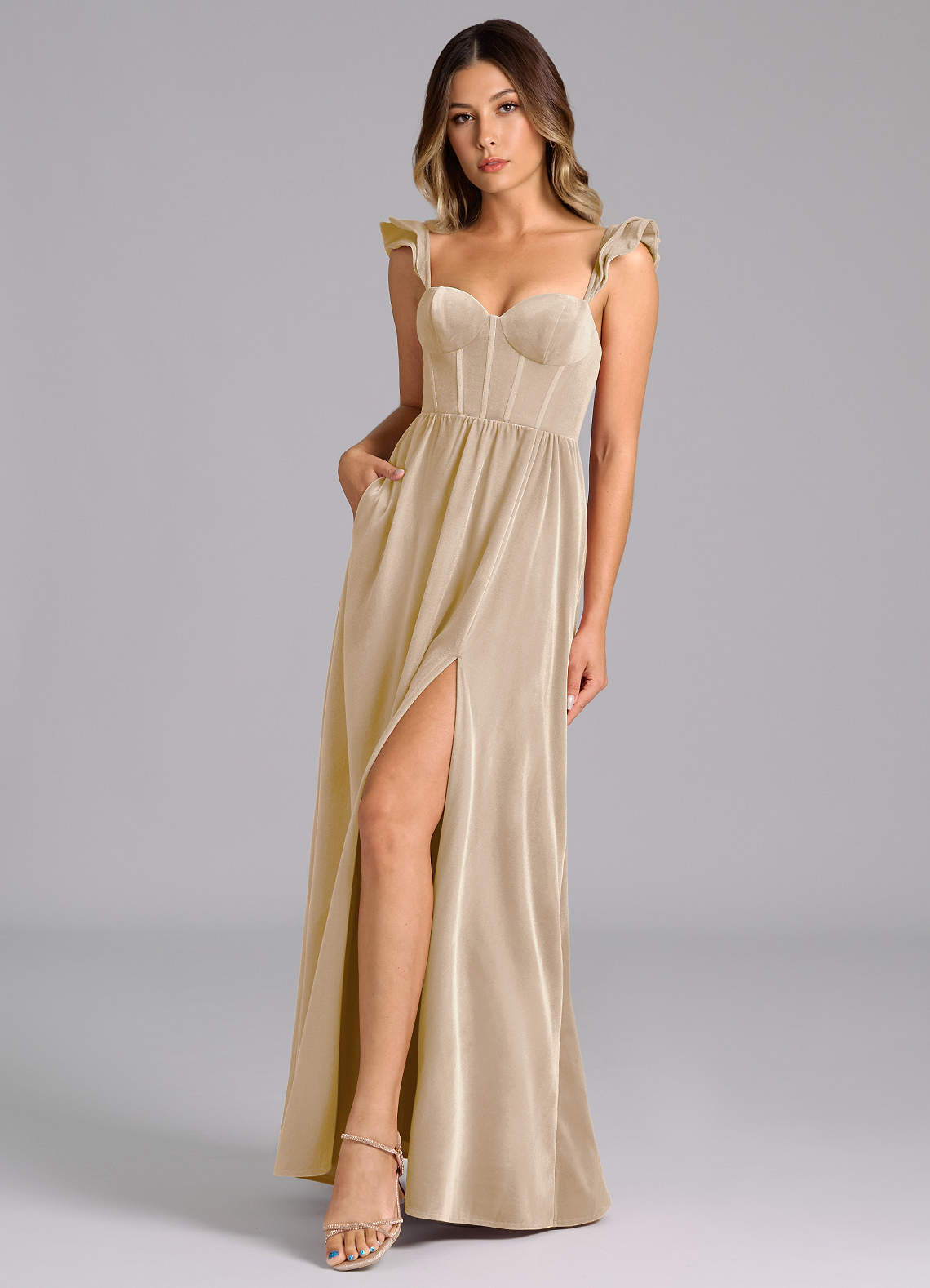 Azazie Denisse Bridesmaid Dresses Champagne A-Line Ruched Velvet Dress image1