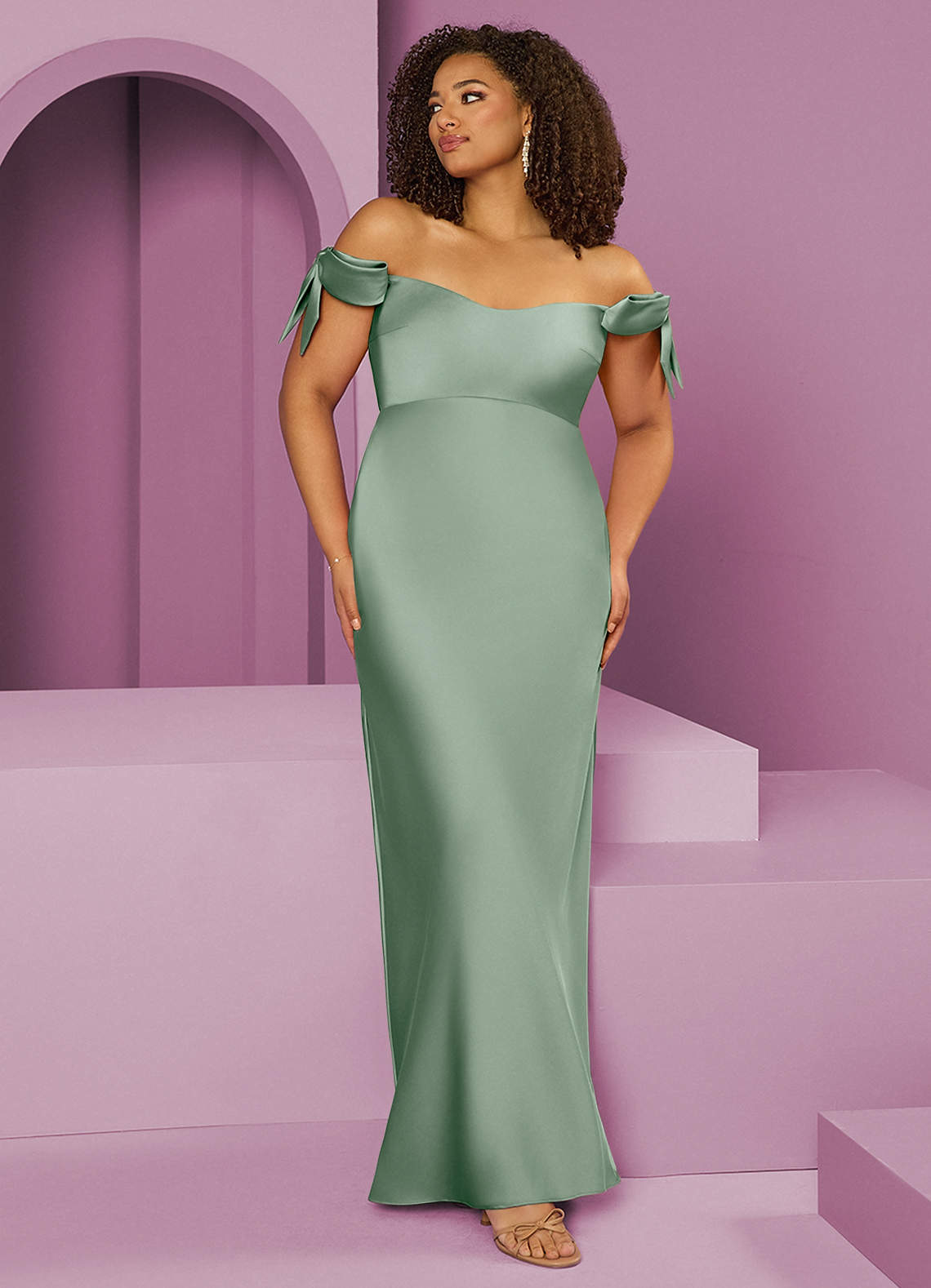 Barbie ♥ Azazie Bridesmaid Dresses Agave Sheath Off the Shoulder Stretch Satin Convertible Dress image1