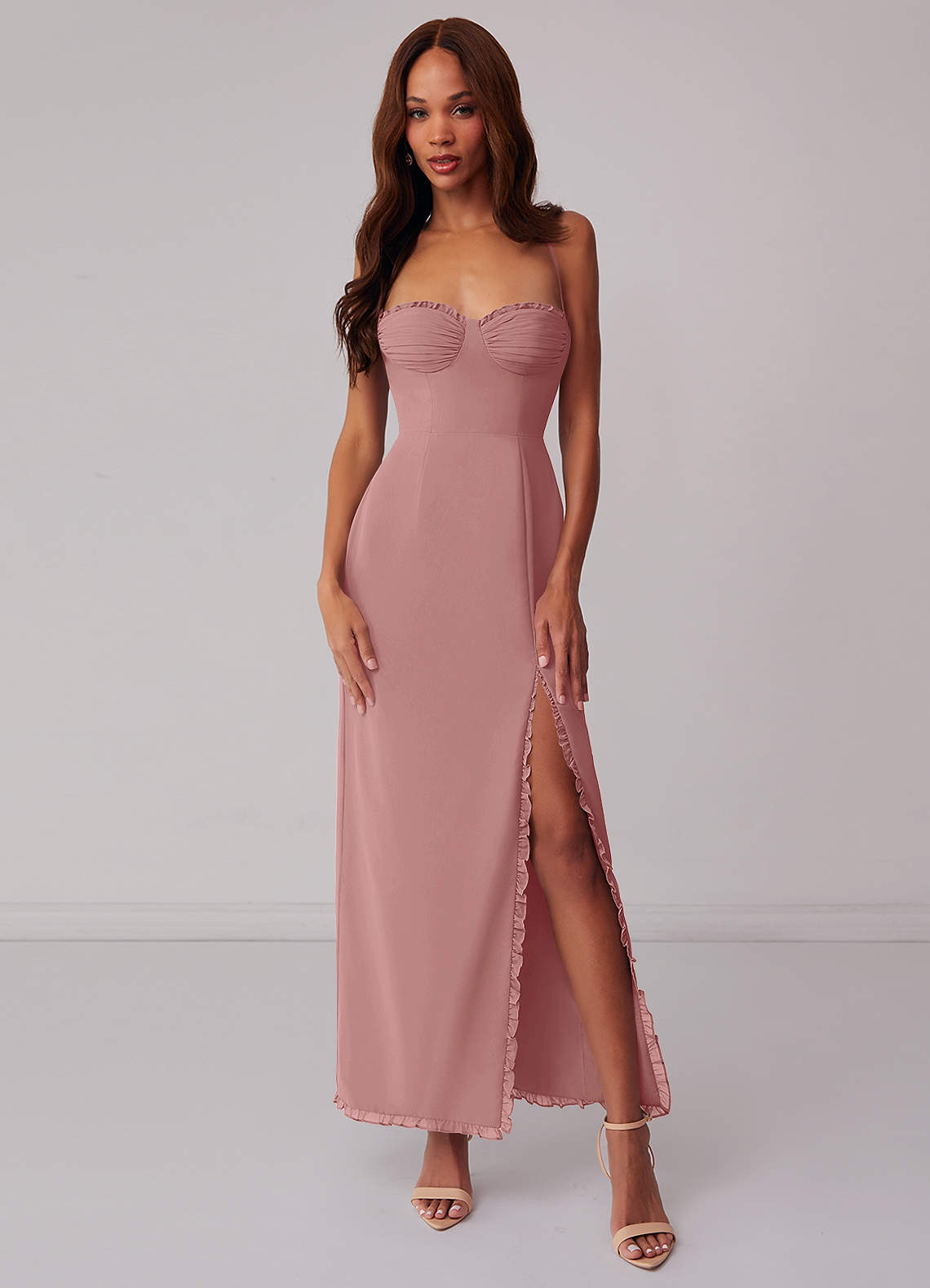 Barbie ♥ Azazie Robes de demoiselle d'honneur Robe Fourreau en Mousseline de soie Corset Rose Poussiéreuse image1