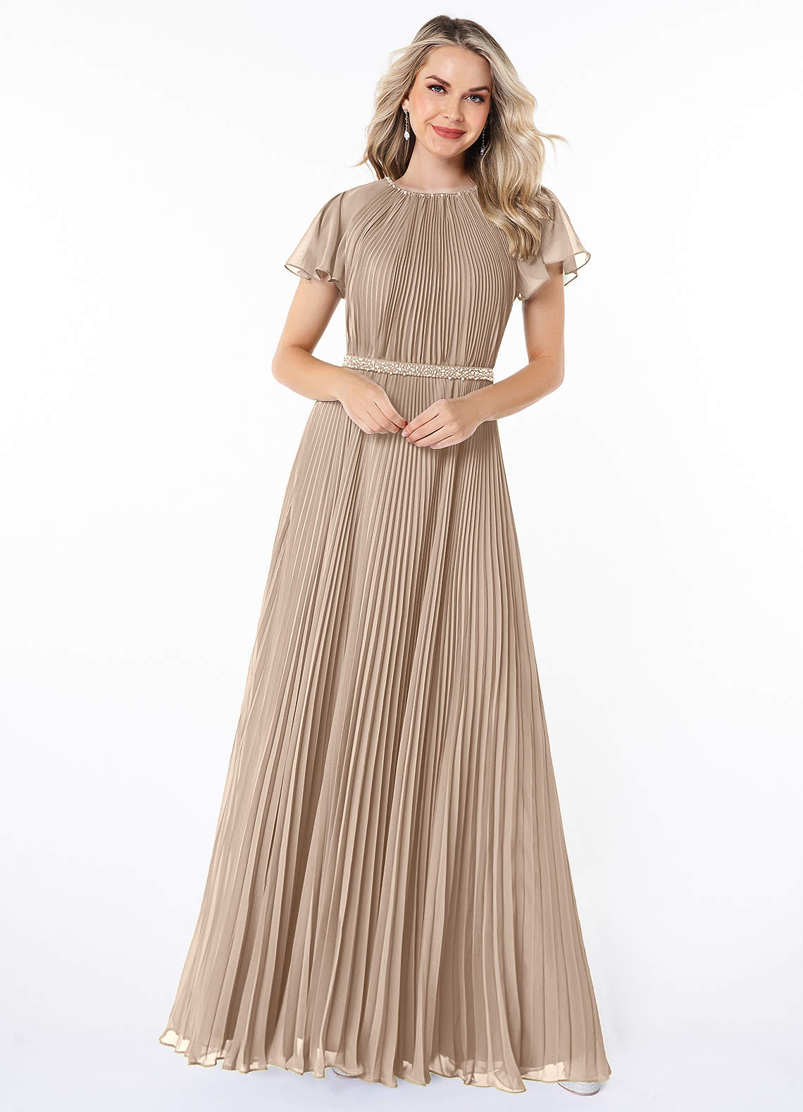 Azazie Kara Modest Bridesmaid Dresses A-Line Pleated Chiffon Floor-Length Dress image3
