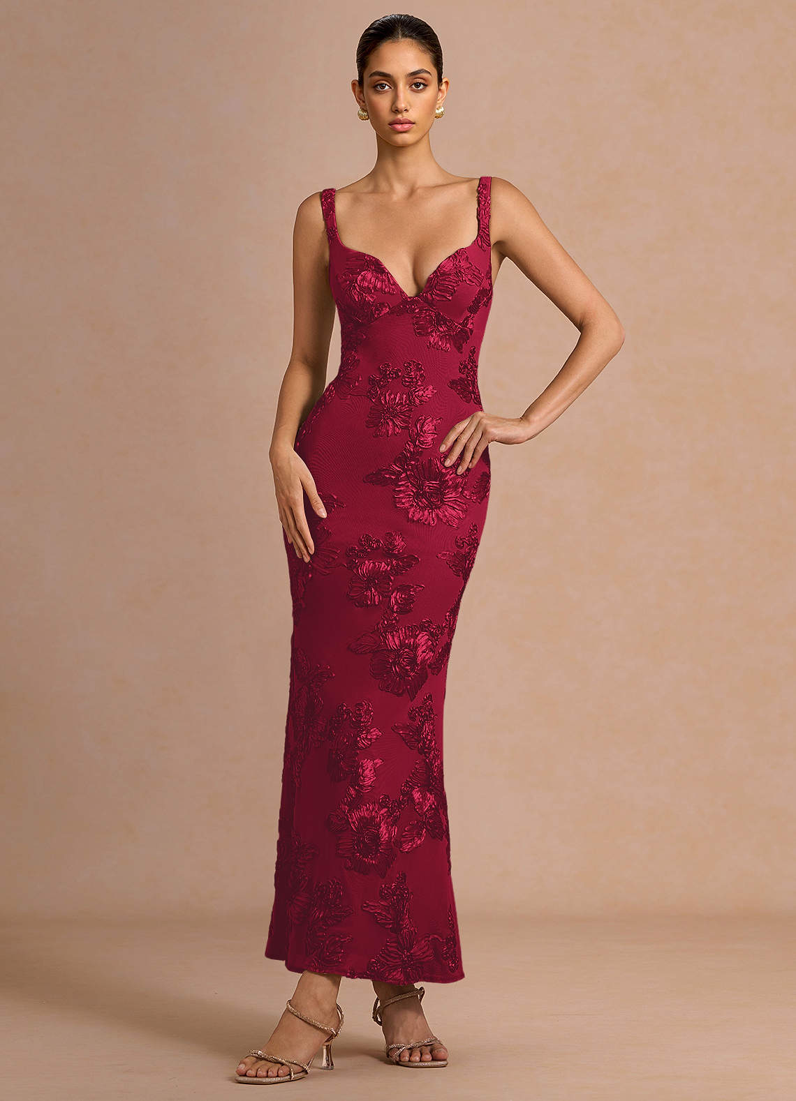 burgundy column dress Burgundy Beaded Cap sleeves Chiffon Column Evening Dress, Dusty pink / US2