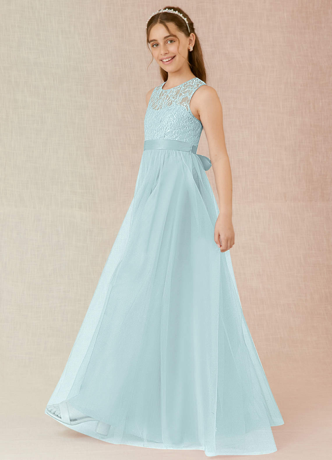 Azazie Georgette Junior Robe Trapèze en Tulle Dentelle Brume image2