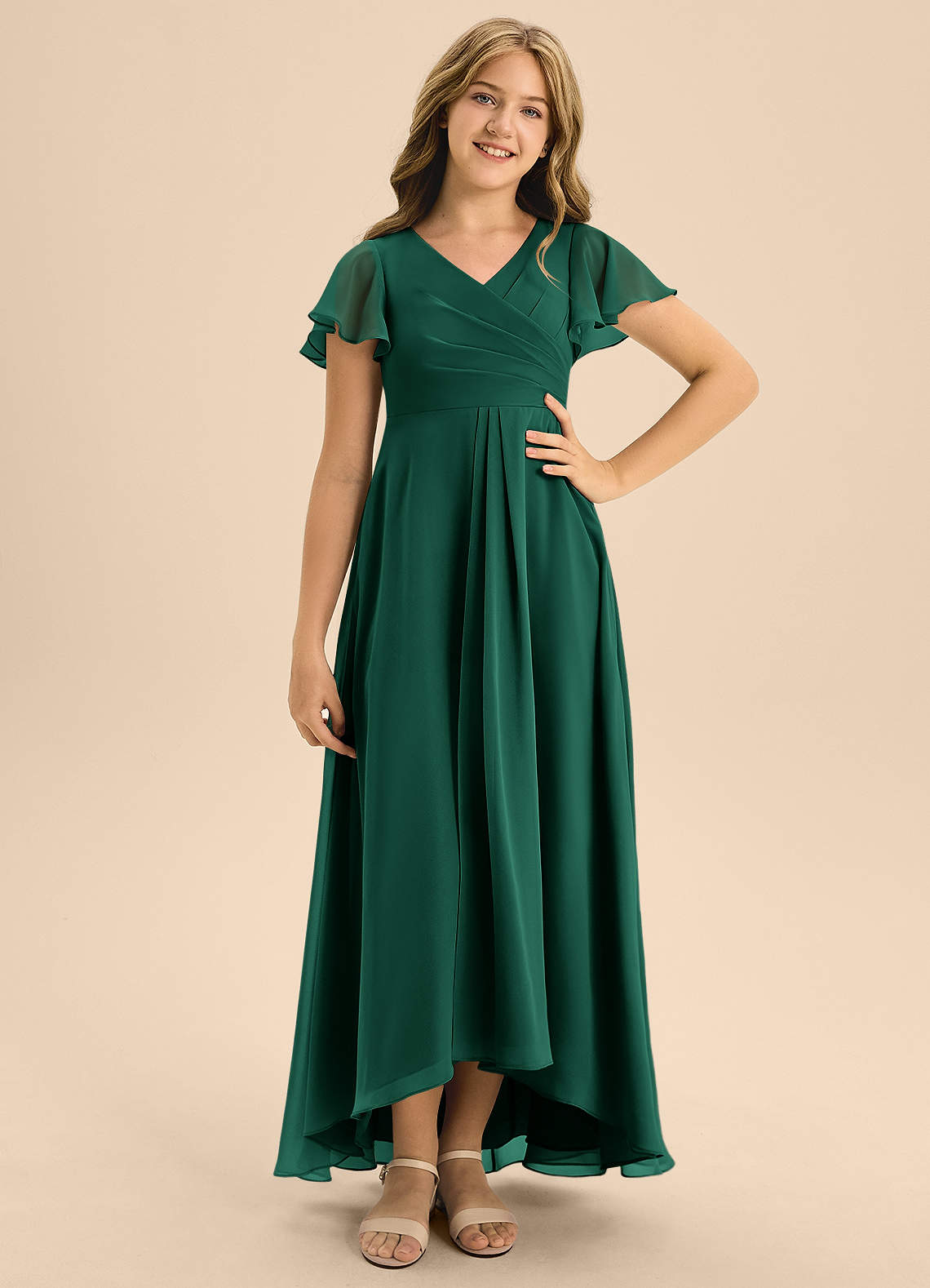 Azazie Induh Junior Emerald A-Line Pleated Chiffon Dress image1