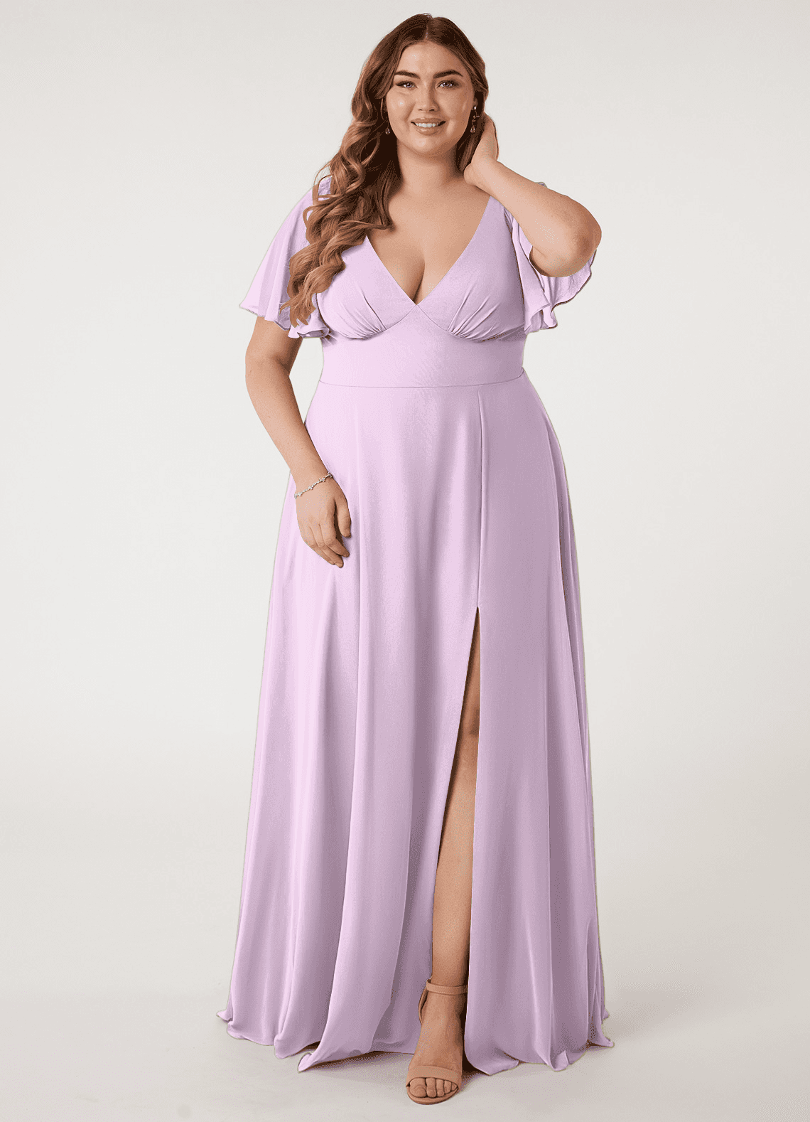 Azazie Kimber Bridesmaid Dresses Frosted Lilac A-Line Flounce Sleeve Chiffon Dress image1