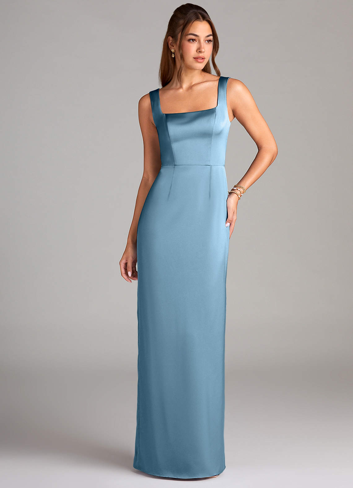 Azazie Flori Bridesmaid Dresses Steel Blue Sheath Side Slit Stretch Satin Dress image1