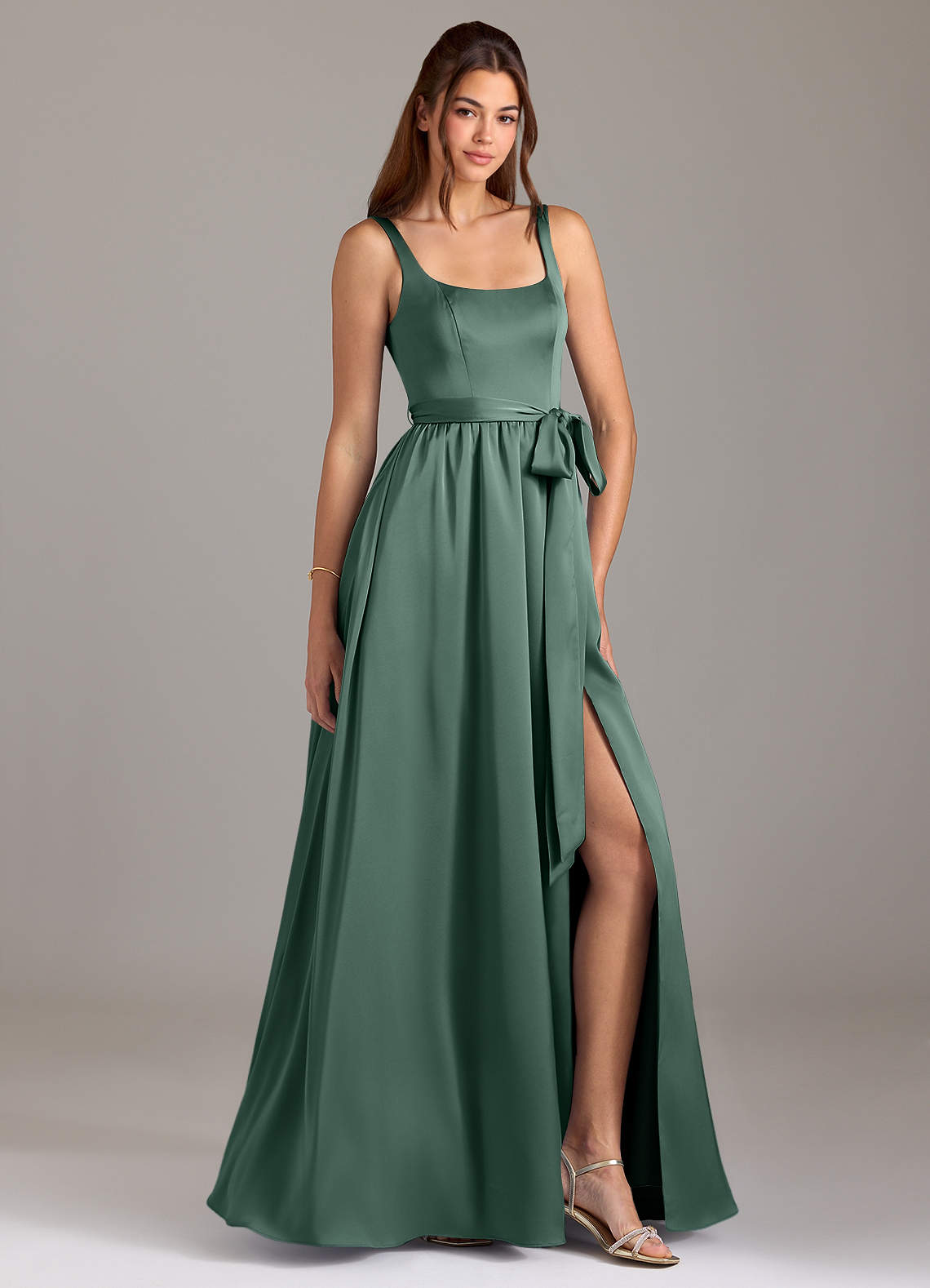 Azazie Elliott Bridesmaid Dresses Eucalyptus A-Line with Pockets Stretch Satin Dress image1