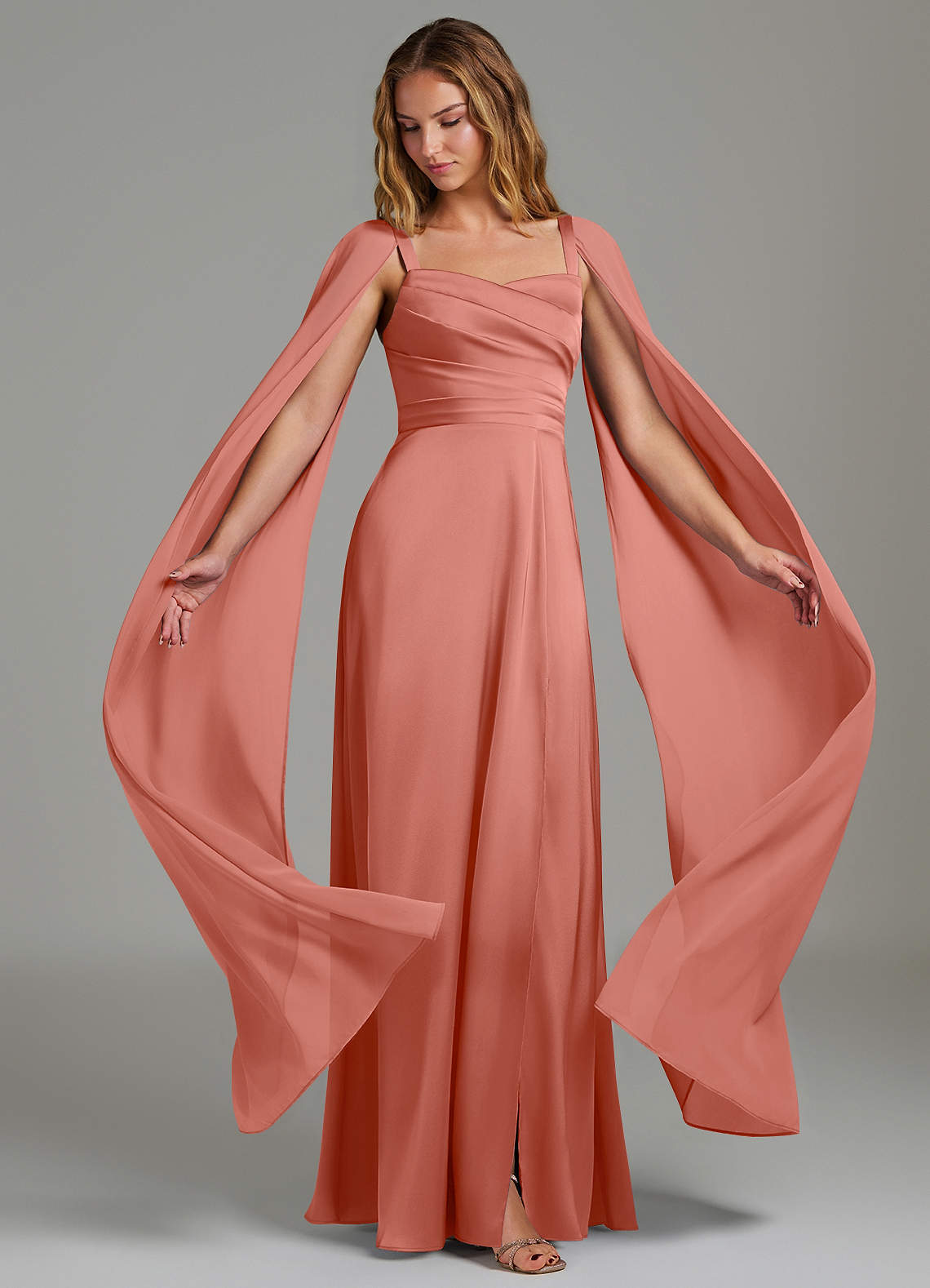 salmon pink bridesmaid dresses Azazie Niveah Pants Size:34 R Women's Belted Dresses | neckline:Round Neck Coral dress while a dramatic floor