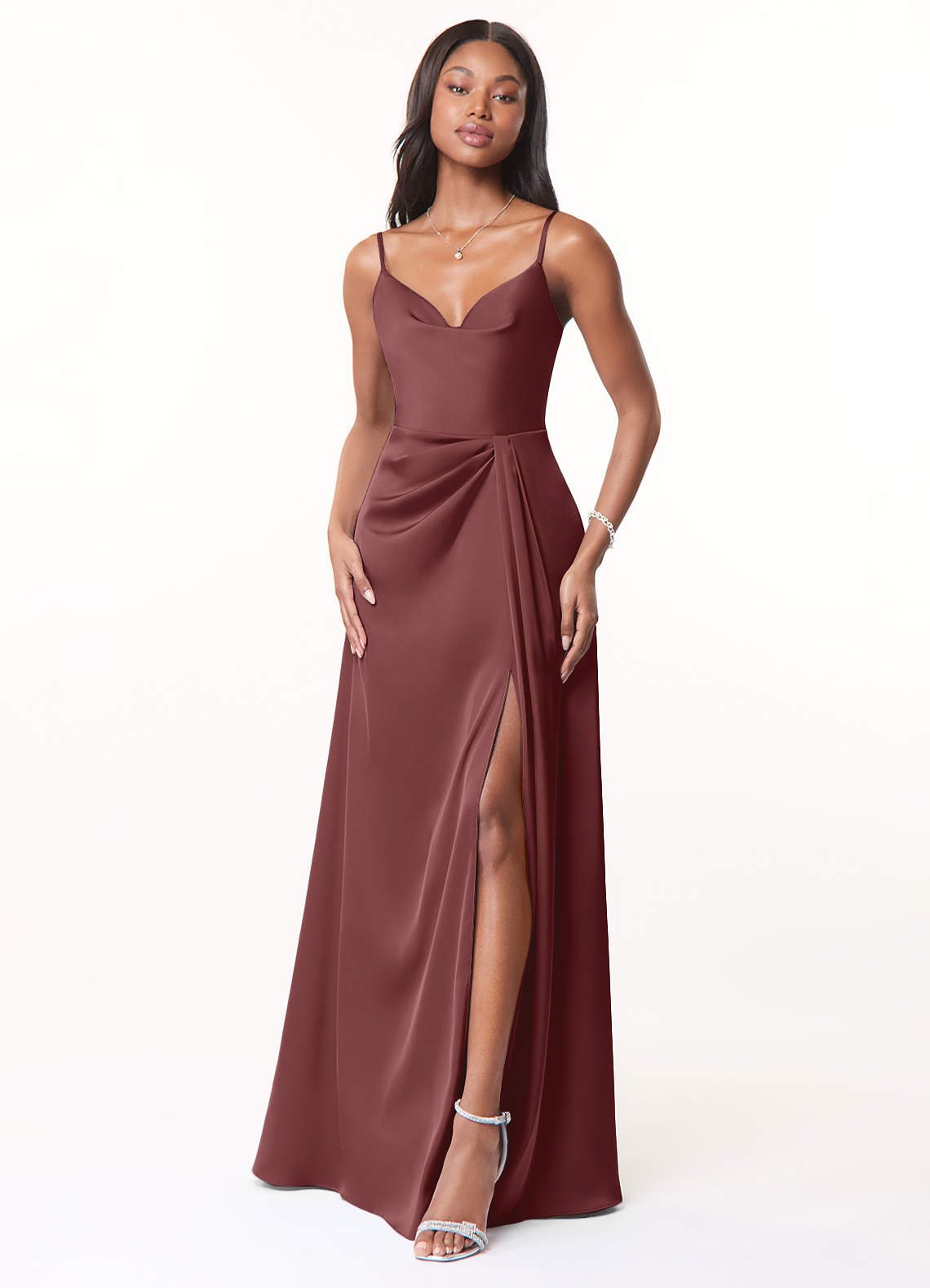 Azazie Brielle Vestidos de damas de honor Vestido de Acai de Satén Elástico de Corte En A con Tirantes finos con capucha image1