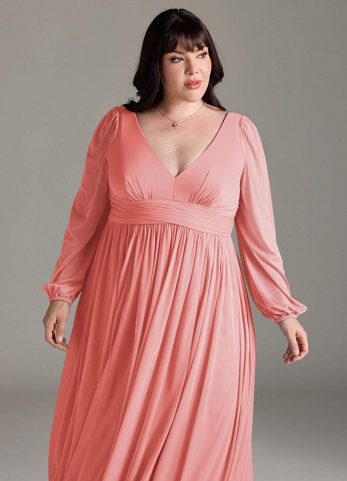 long sleeve coral bridesmaid dresses Romantic Long Lantern Sleeves Split Tulle Bridesmaid Dresses with Chai main image 0