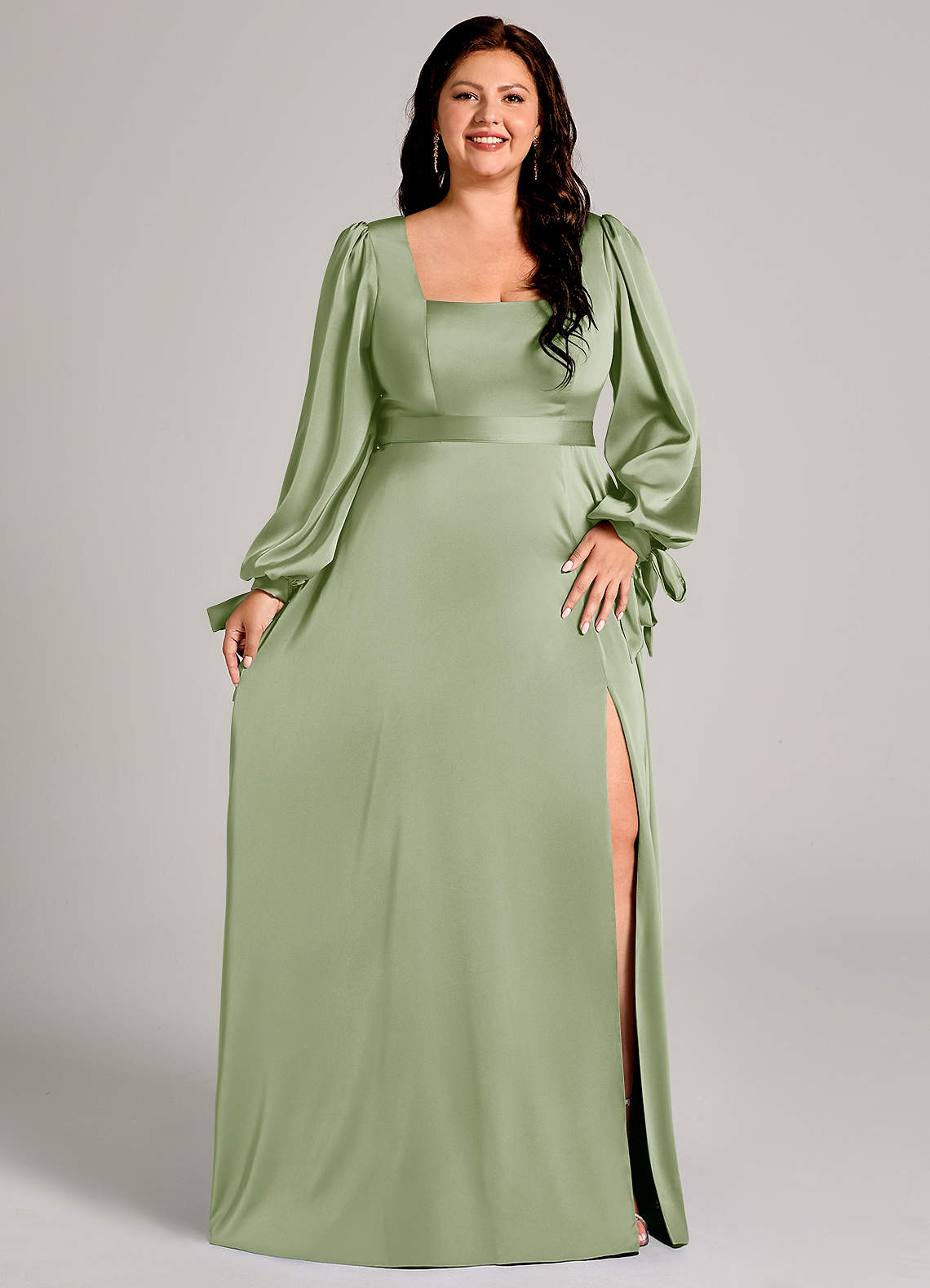 Azazie Leonia Robes de demoiselle d'honneur Robe Trapèze en Satin extensible Manche longue Vert Sauge image10