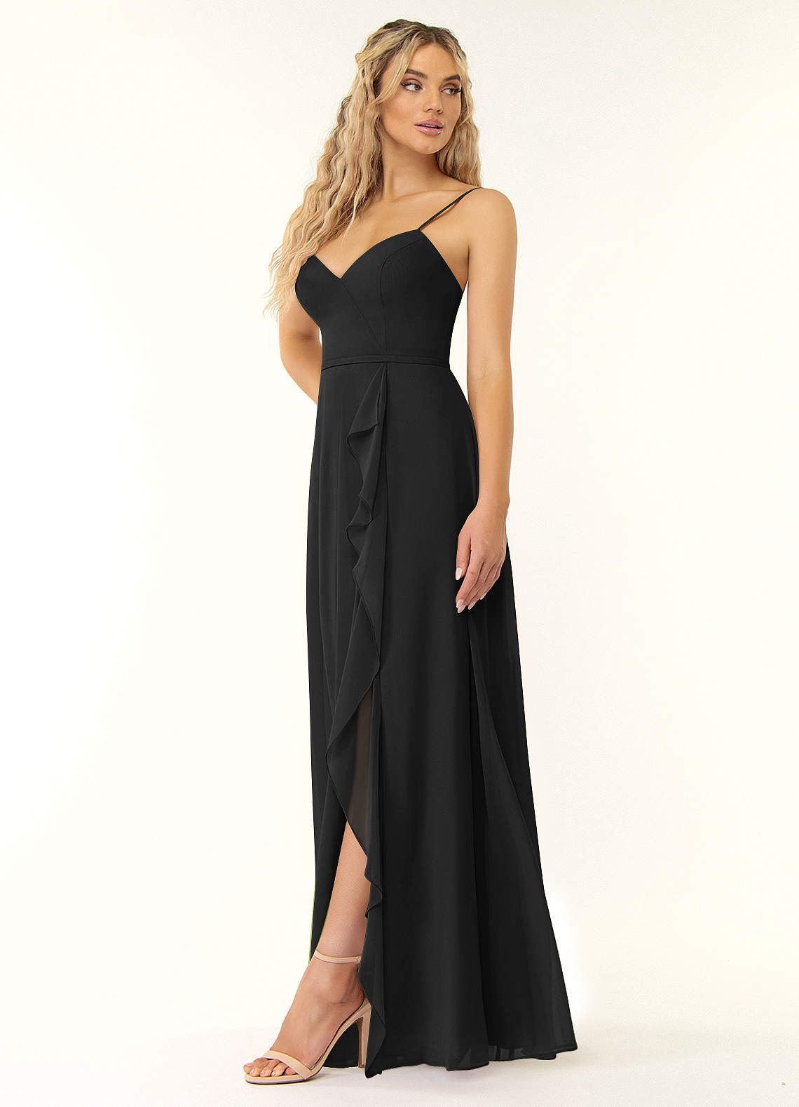 Azazie Naeem Bridesmaid Dresses Black A-Line V-Neck Ruffle Chiffon Dress image1