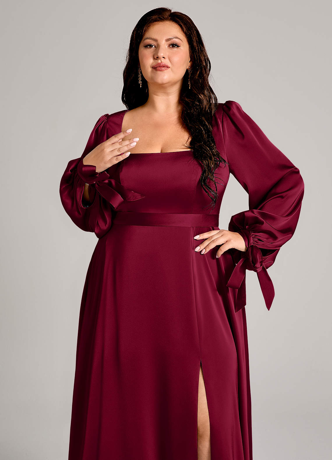 Azazie Leonia Bridesmaid Dresses Burgundy A-Line Long Sleeve Stretch Satin Dress image8