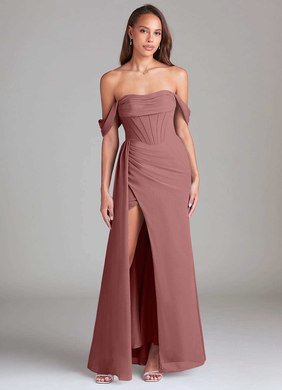 Azazie Amyra Bridesmaid Dresses Desert Rose Sheath Off the Shoulder Chiffon Convertible Dress image1
