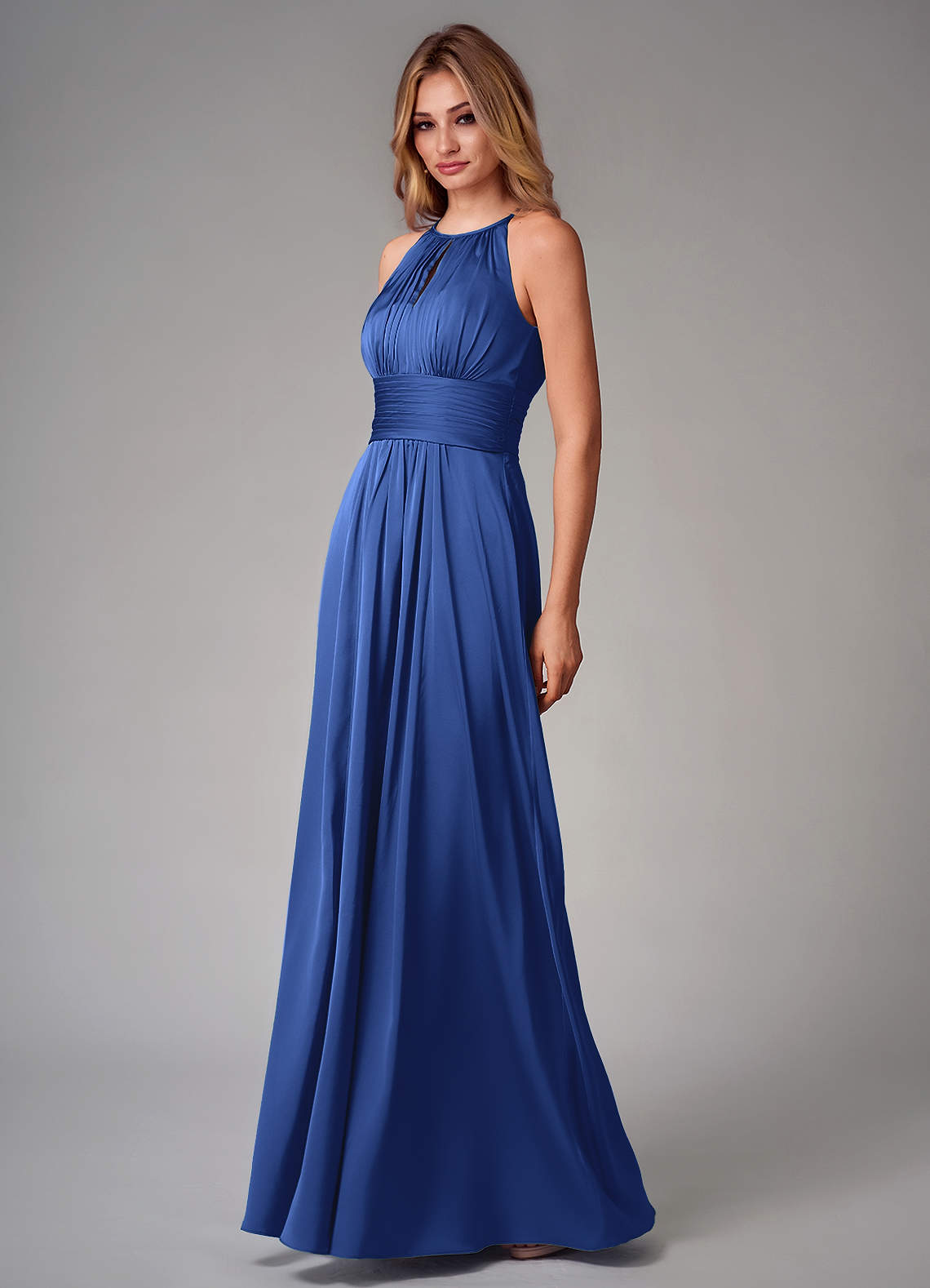 Azazie Bonnie Vestidos de madrinha de casamento Vestido Royal Blue de Cetim elástico de Linha A com Plissado image2