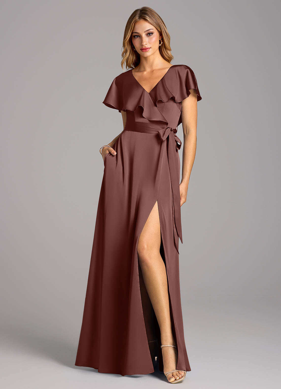 Azazie Lainey Brudtärnklänningar Klä av A-Linje i Stretch Satin med fickor Espresso image2