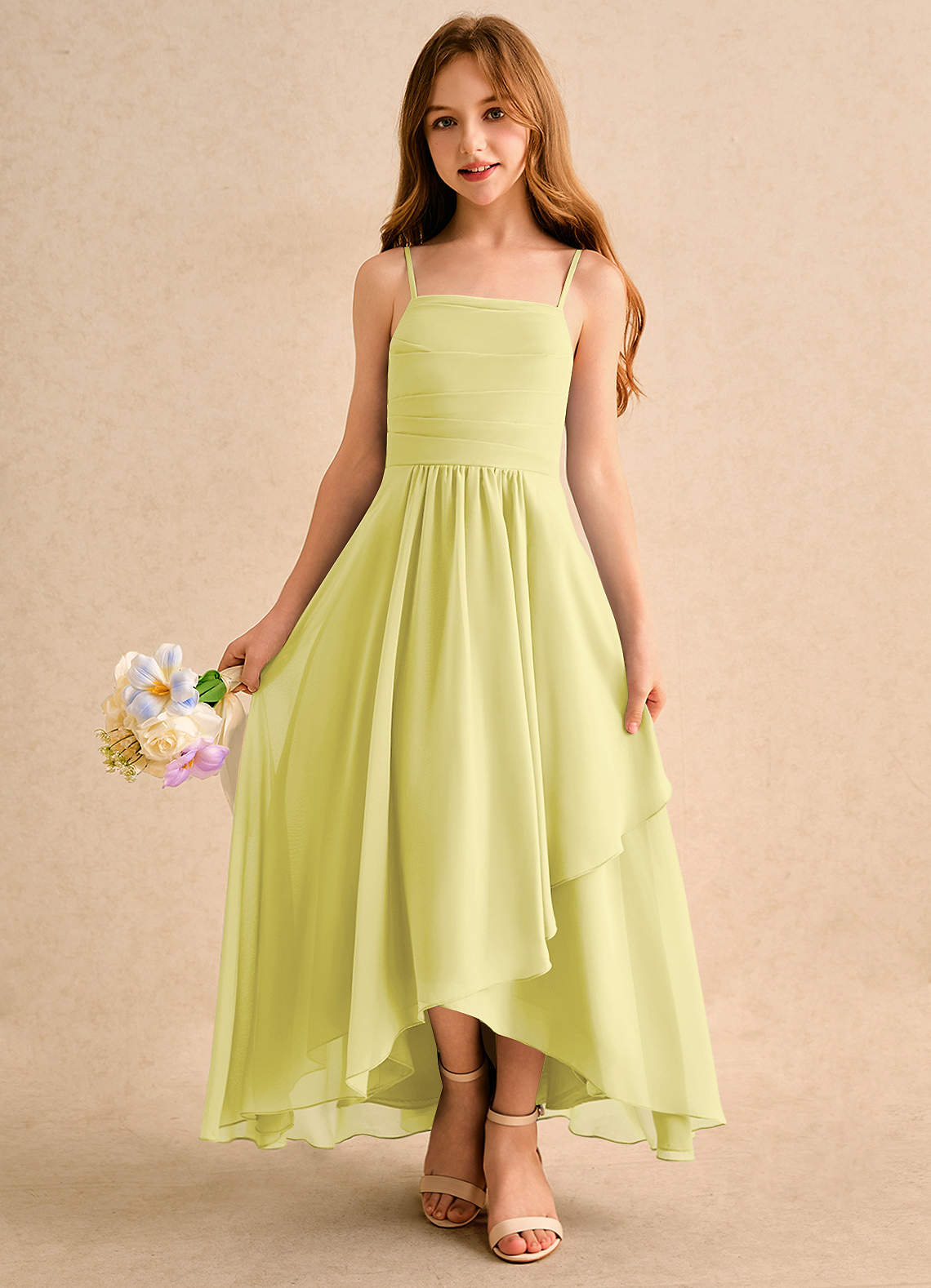 Azazie Twilight Dance Girls Formal Flower Girl Dresses Lemon Sorbet A-Line Pleated Chiffon Dress image3