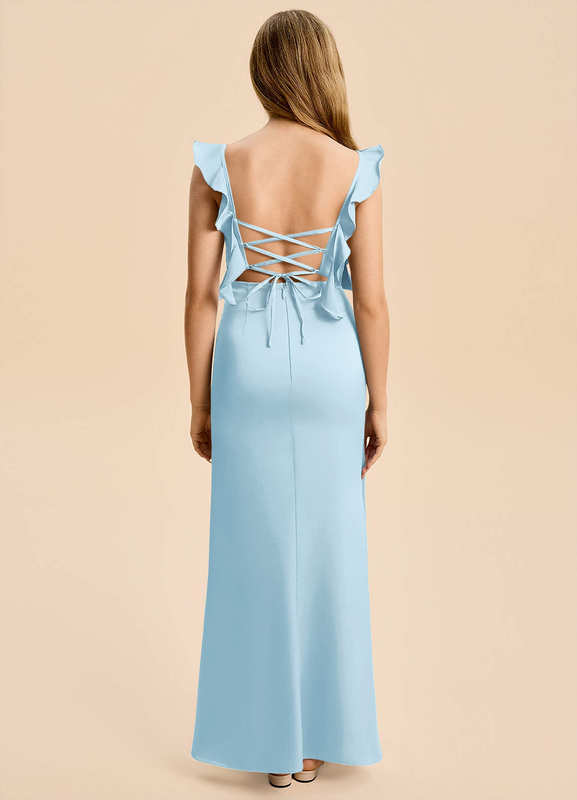 Azazie Jessamine Junior Sky Blue Sheath Ruched Stretch Satin Dress image1