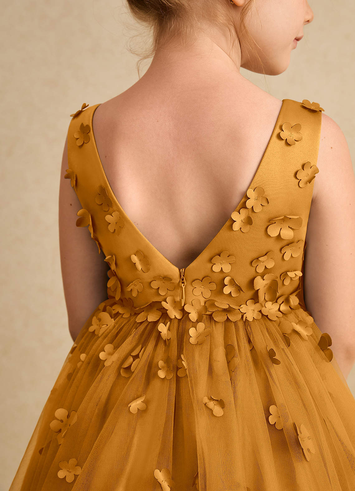 Azazie Lana Flower Girl Dresses Butterscotch A-Line Sleeveless Matte Satin Dress image6
