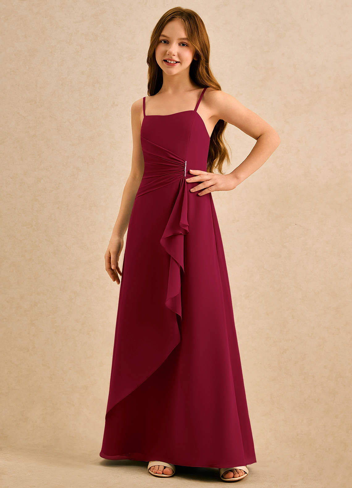 Azazie lolly Girls Formal Robe Demoiselle D'honneur Fillette Robe Trapèze en Mousseline de soie Plissée Bourgogne image4