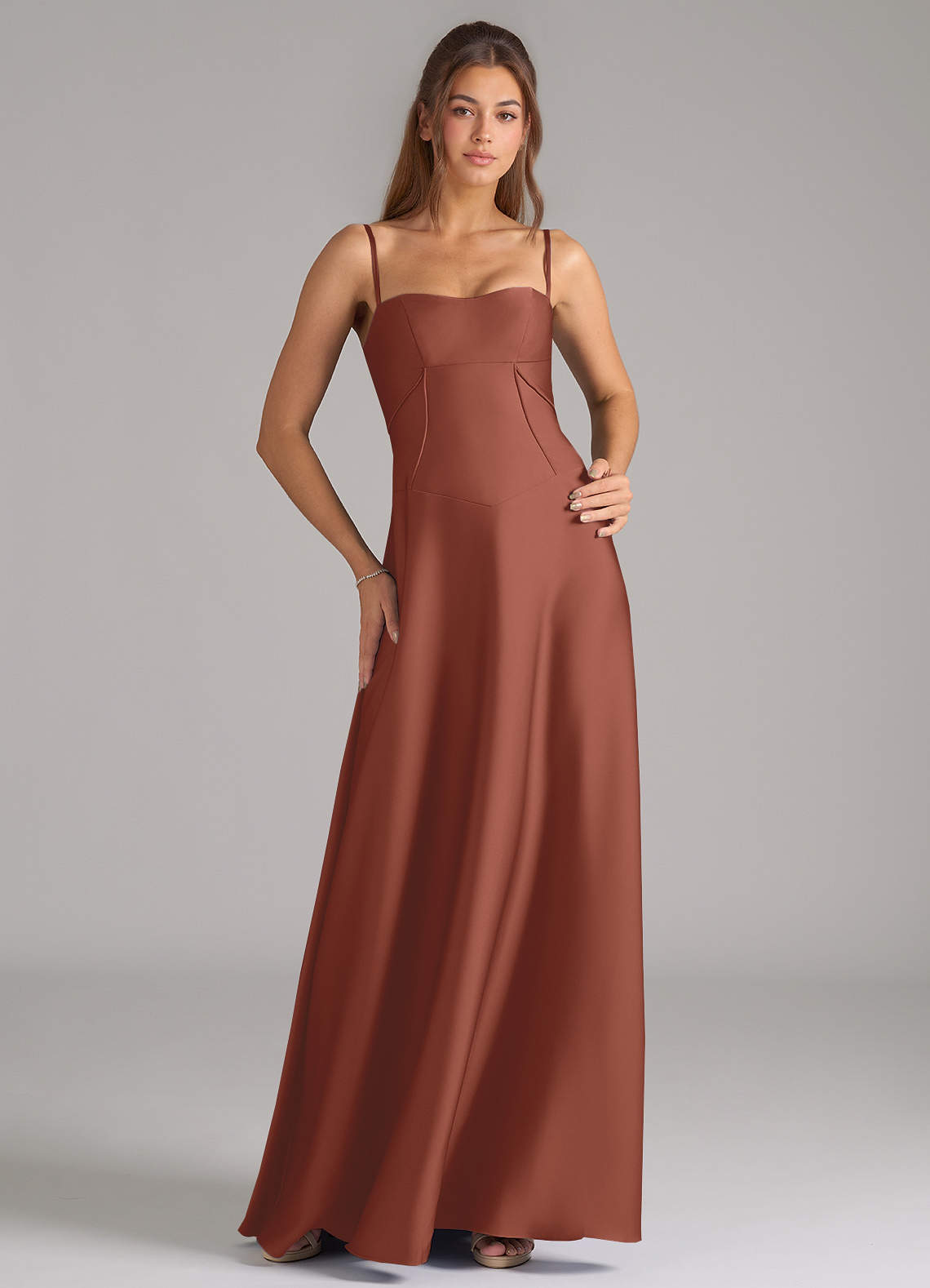 Azazie Valentine Bridesmaid Dresses Auburn A-Line Corset Stretch Satin Dress image1