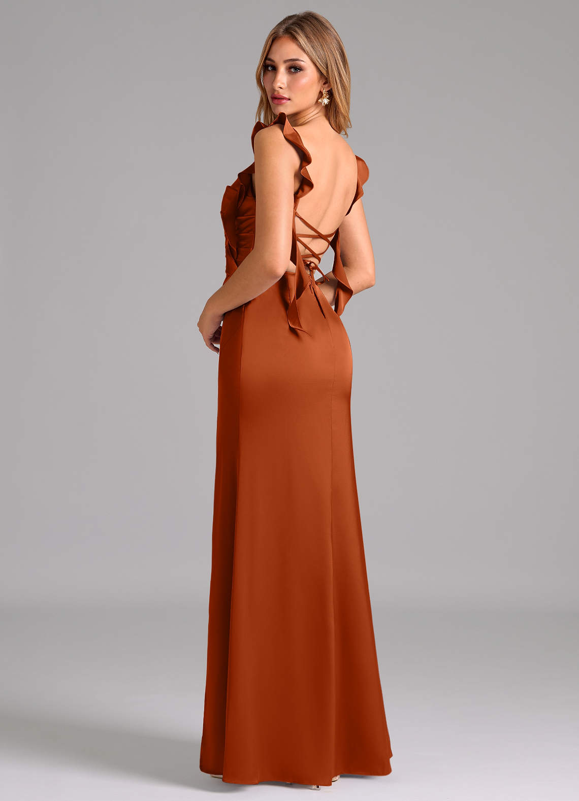 Azazie Jessamine Bridesmaid Dresses Burnt Orange Sheath Corset Stretch Satin Dress image1