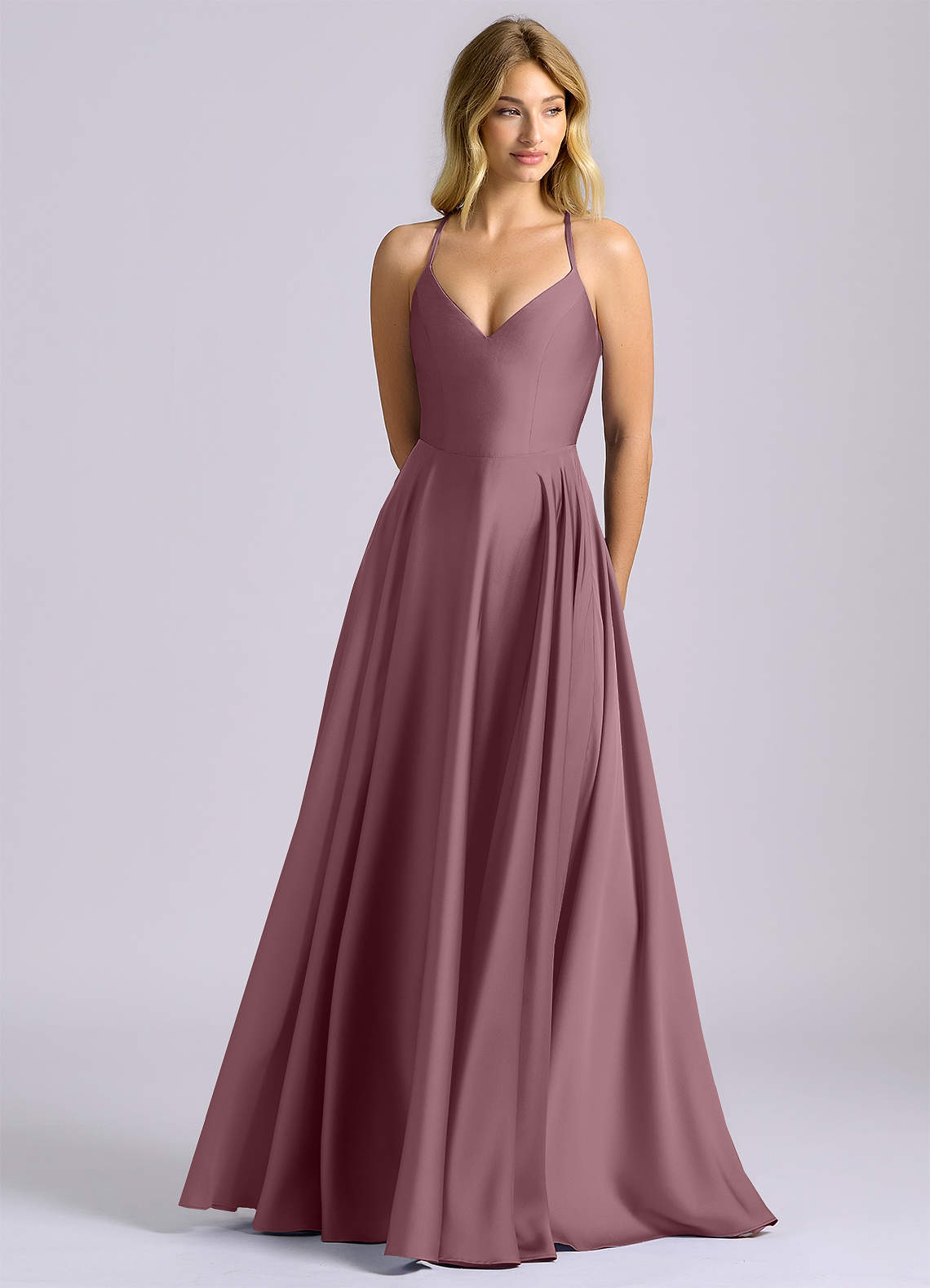 amethyst purple bridesmaid dresses Azazie Truce Stretch Satin KissProm A-line Corset Off SUMMER5.30.26 Crafted from airy chiffon US SIZE:US14