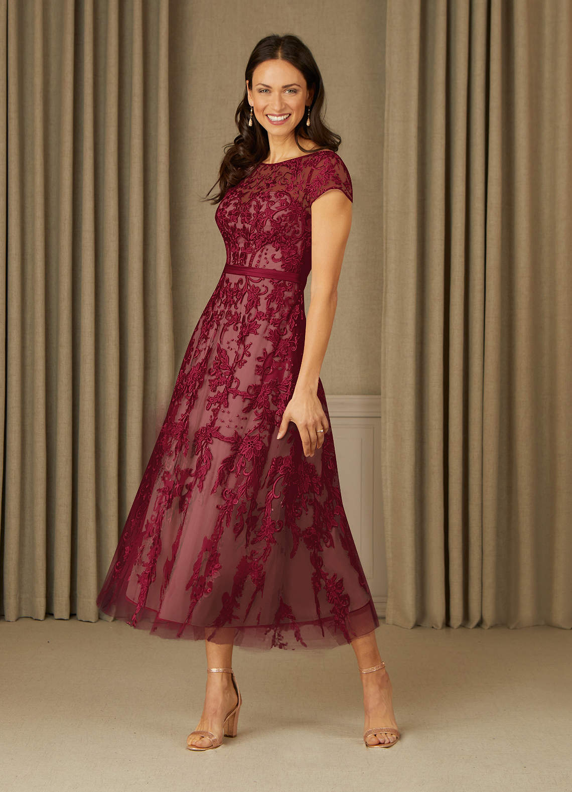 Azazie Sanna At-home Try On Dresses Burgundy Champagne A-Line Scoop Lace Tulle Dress image2
