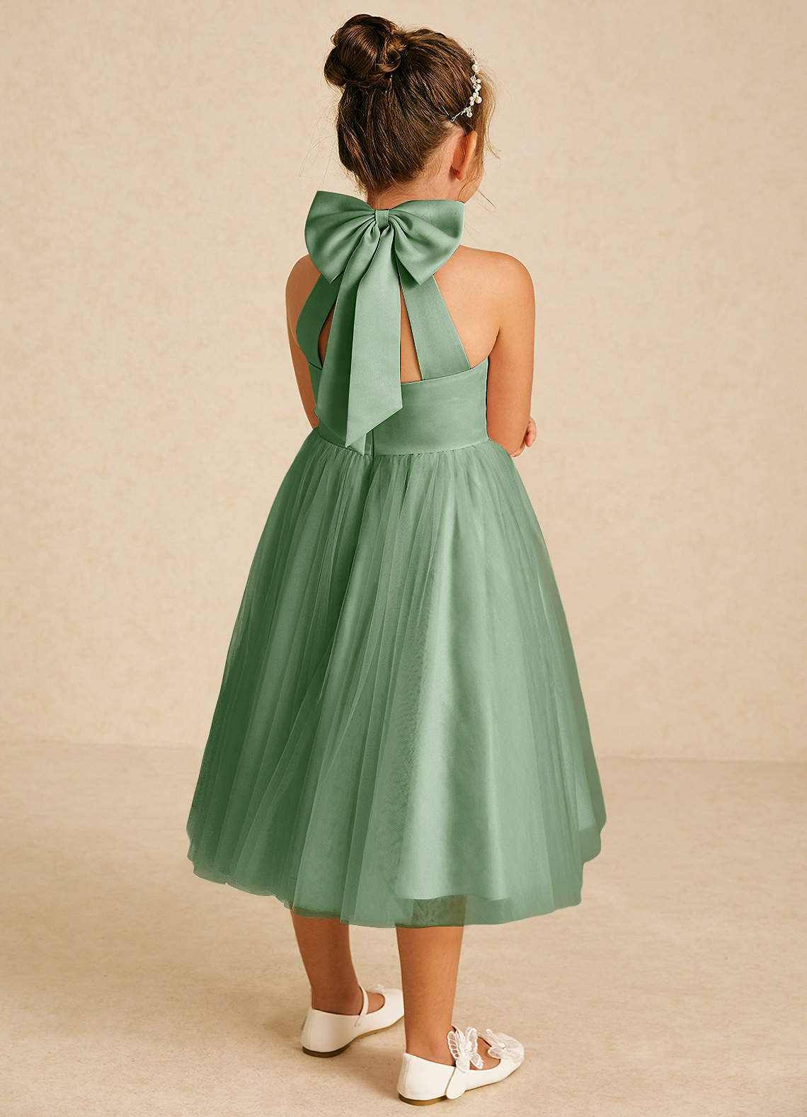 Azazie Dora Abiti da Ragazza di Fiori Abito A-Line in Tulle Fiocco Matcha image1