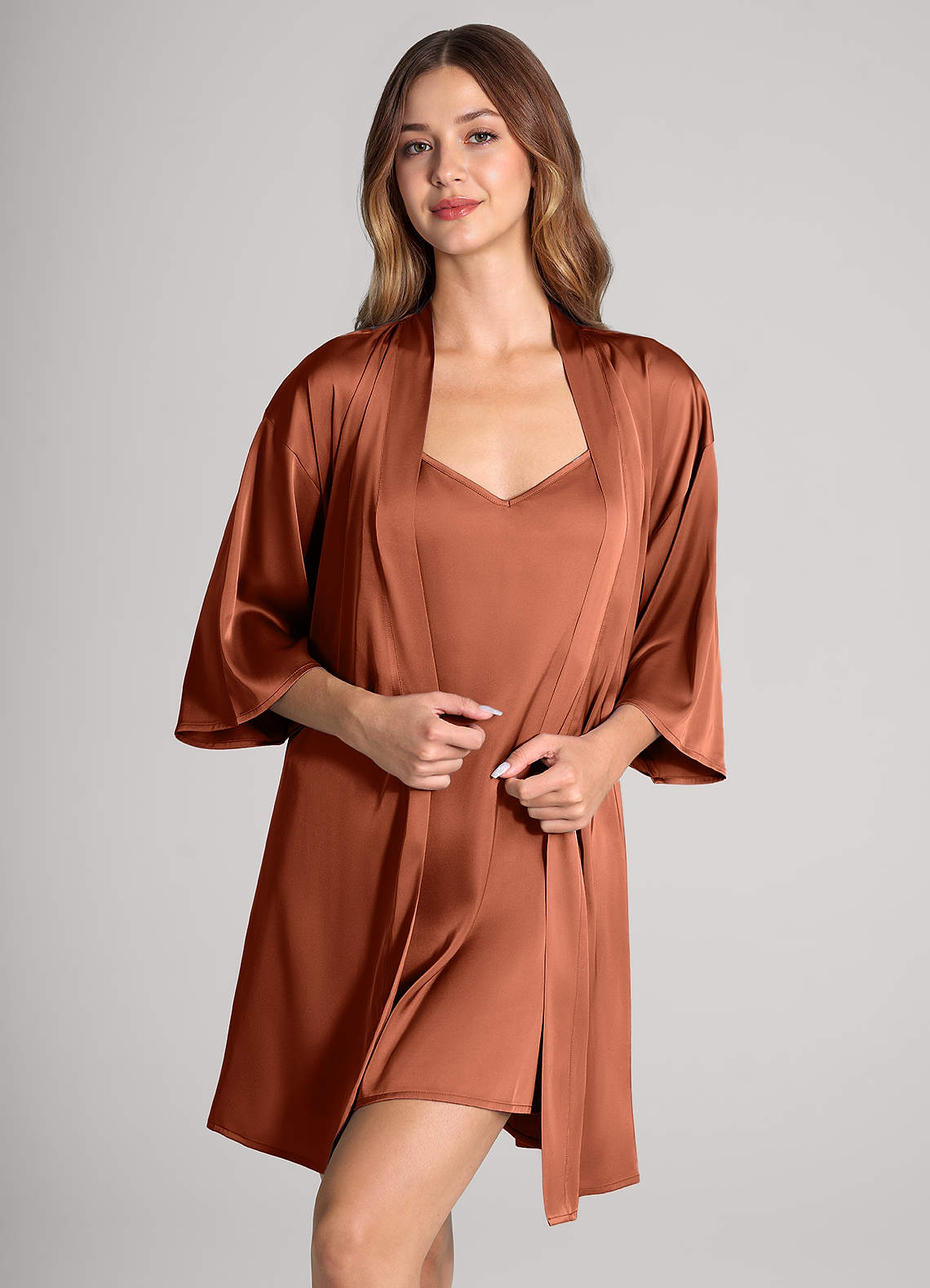 front Matching Color 2-Piece Satin Robe and Slip Set