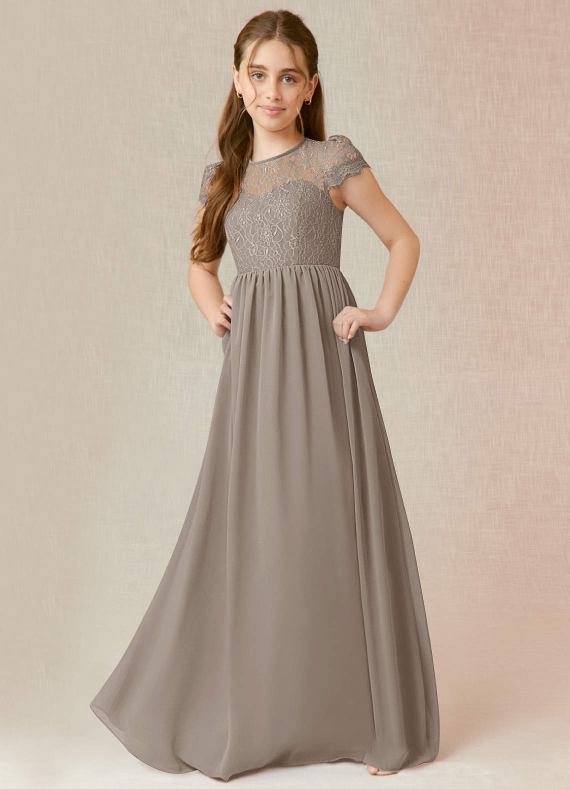 Azazie Delevingne Junior Taupe A-Line Lace Chiffon Dress image1