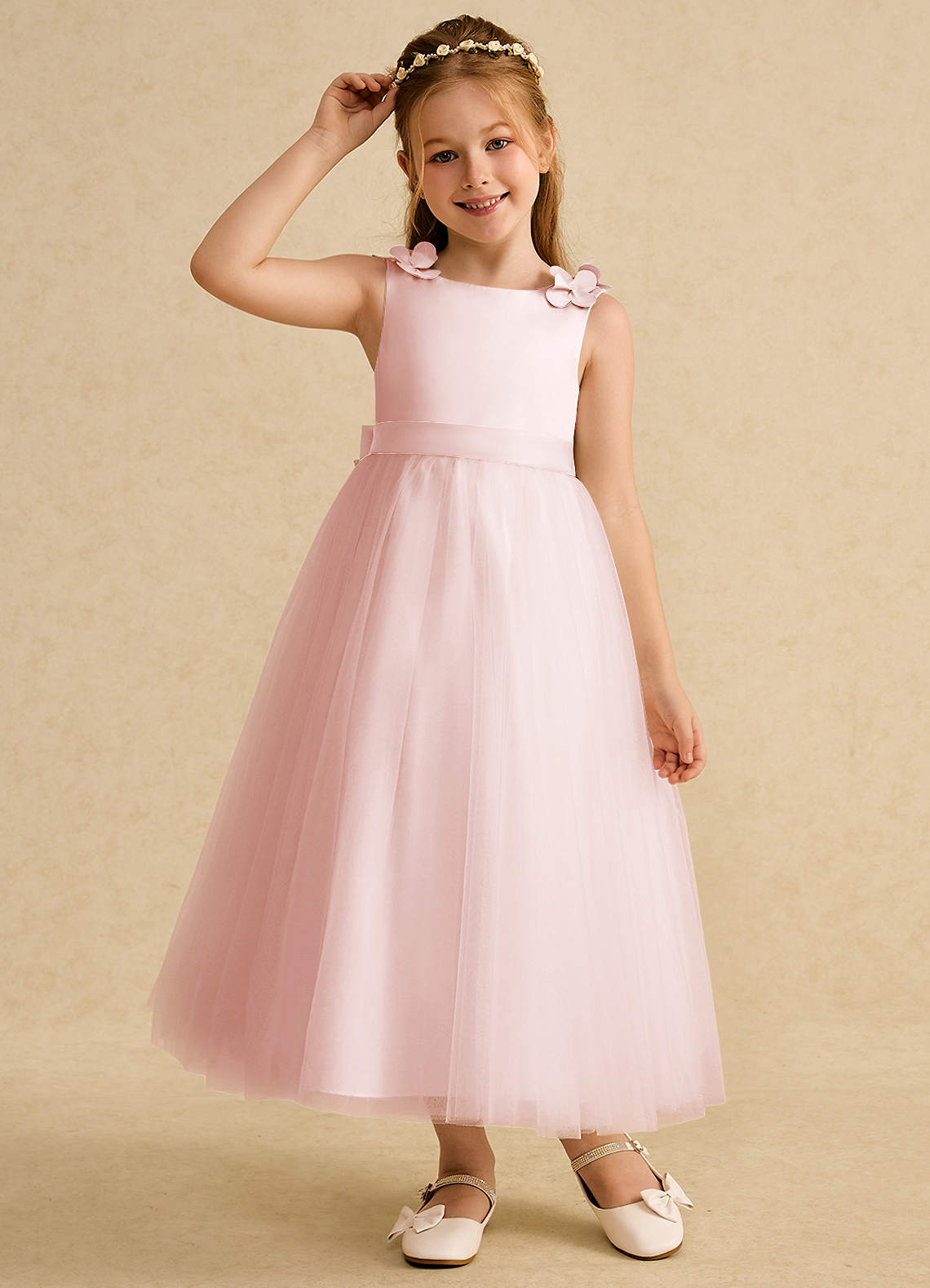 Azazie Lilli Robe Demoiselle D'honneur Fillette Robe Trapèze en Tulle Arc Rose Blush Rose Blush image4