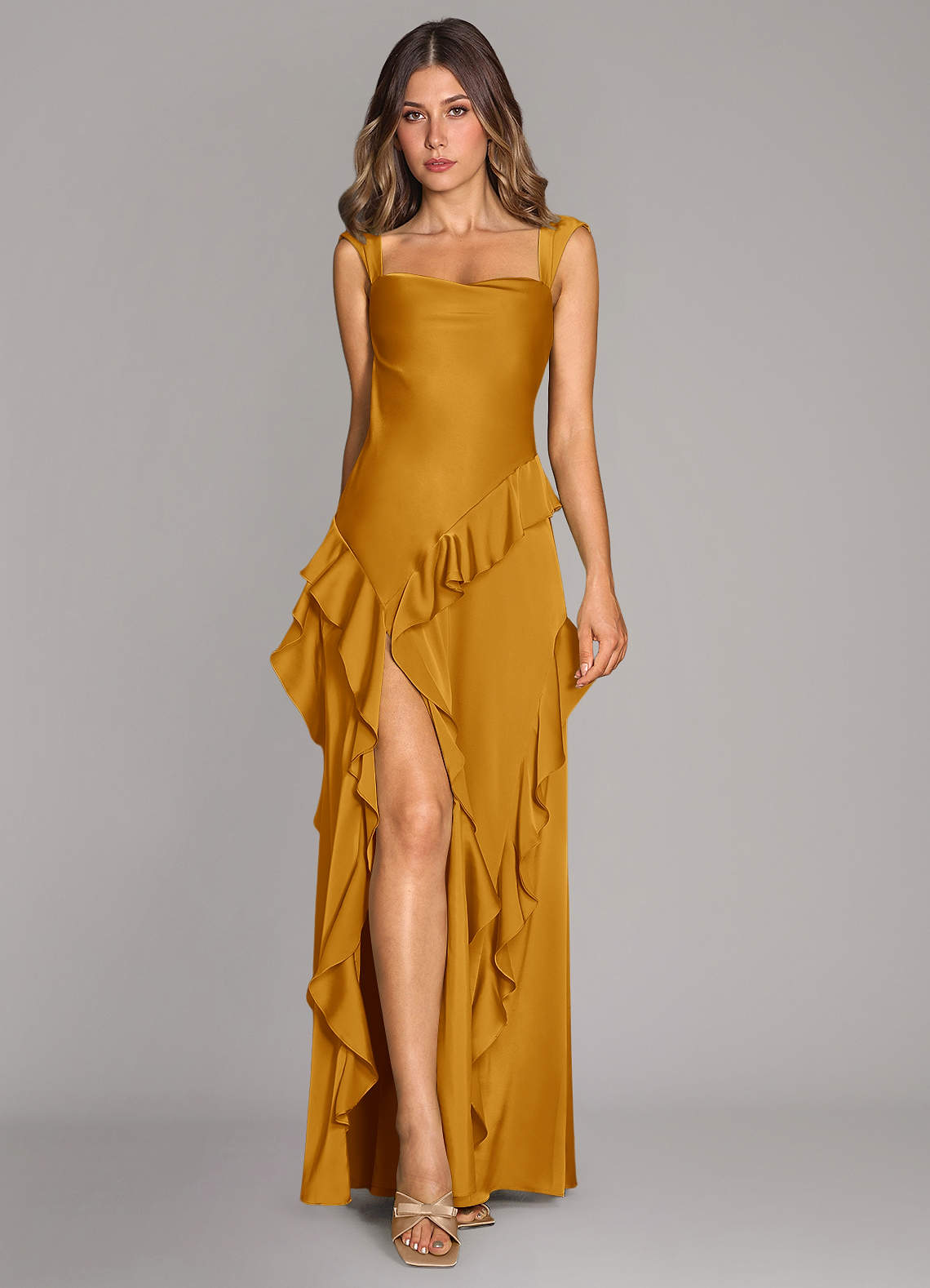 Azazie Sloane Bridesmaid Dresses Butterscotch A-Line Sweetheart Neckline Stretch Satin Dress image1