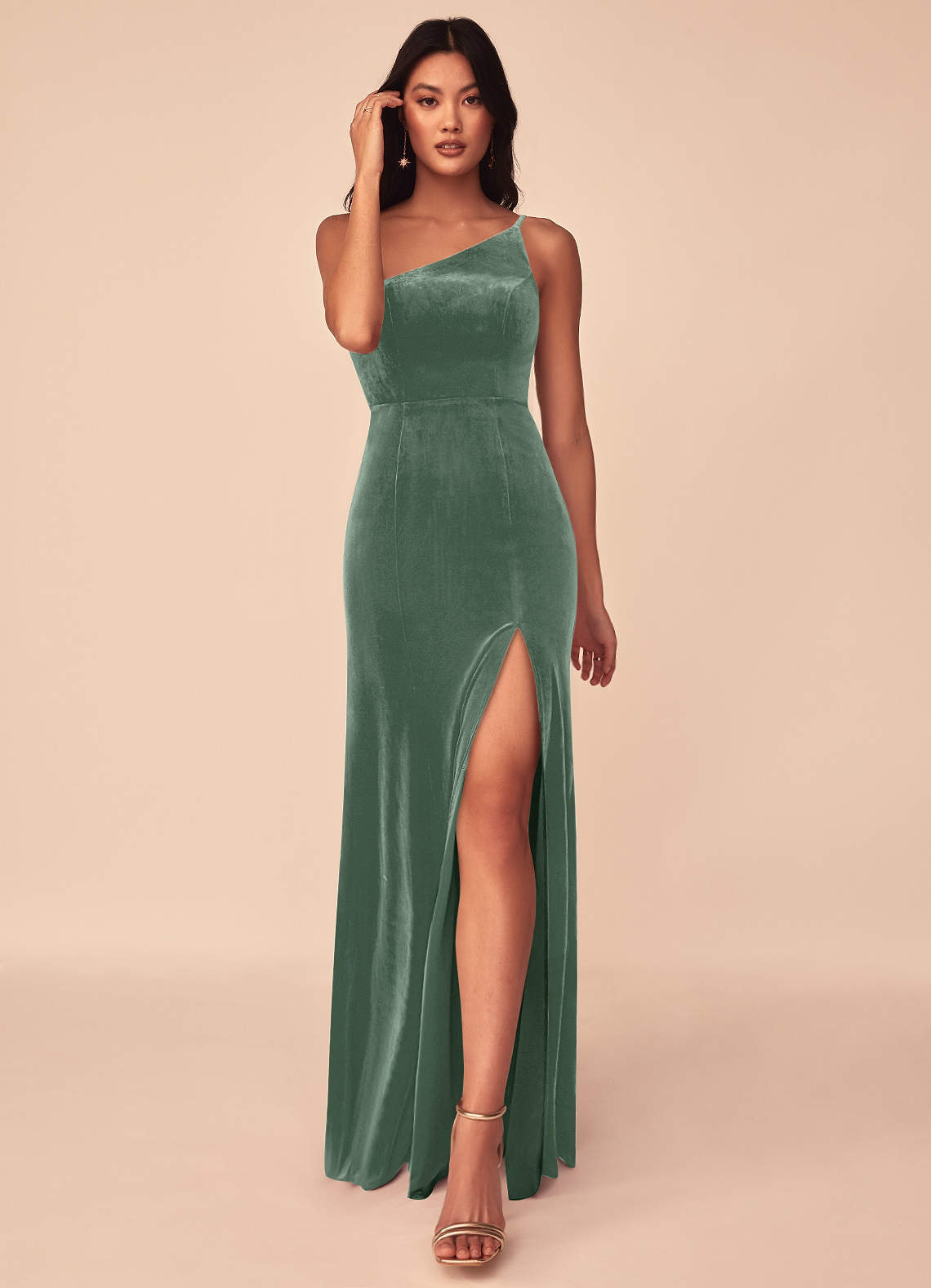 Azazie Kala Bridesmaid Dresses Eucalyptus A-Line One Shoulder Velvet Dress image1